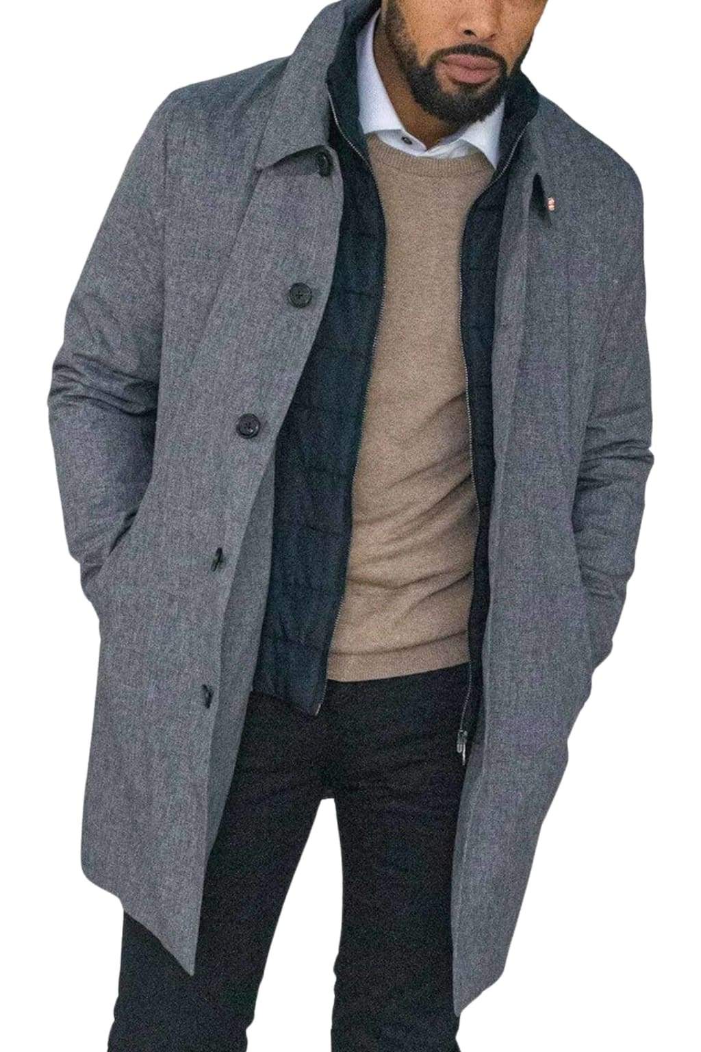 Cavani Men's Brando Grey Mac Coat - Classic Trench Coat for Men | Waterproof & Stylish | Perfect for Business, Office & Formal Occasions