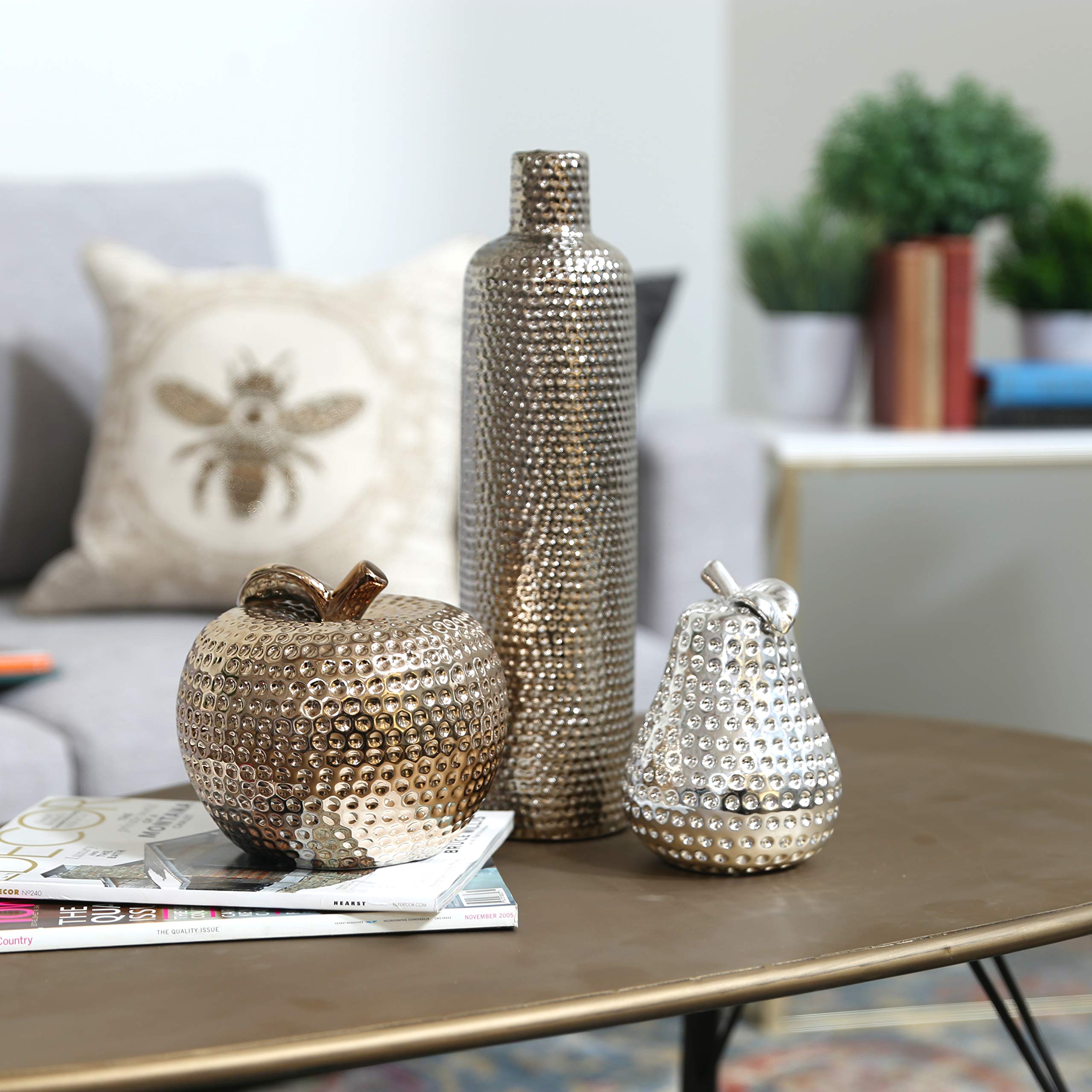 Chrome Silver Ceramic Vase with Elegant Neck & Cylindrical Dimpled Design - Medium Size Home Decor for Living Room, Dining Table & Wedding Centerpieces