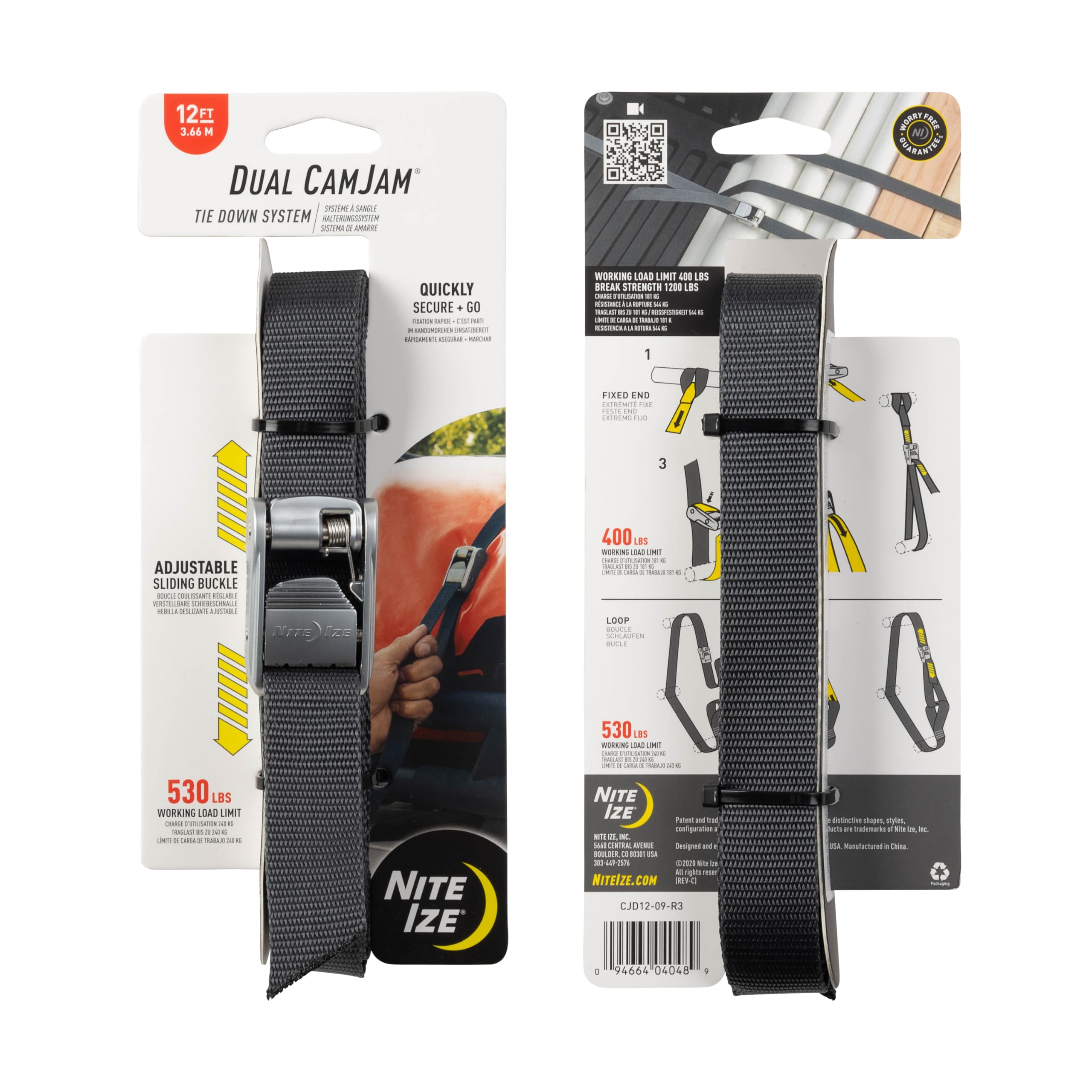 Nite Ize Dual CamJam Tie Down System - Heavy Duty Ratchet Straps for Trucks, Cars & Moving Supplies - 12 ft Black Luggage & Camping Gear Straps - Secure Transport for Outdoor Adventures & Home Moves