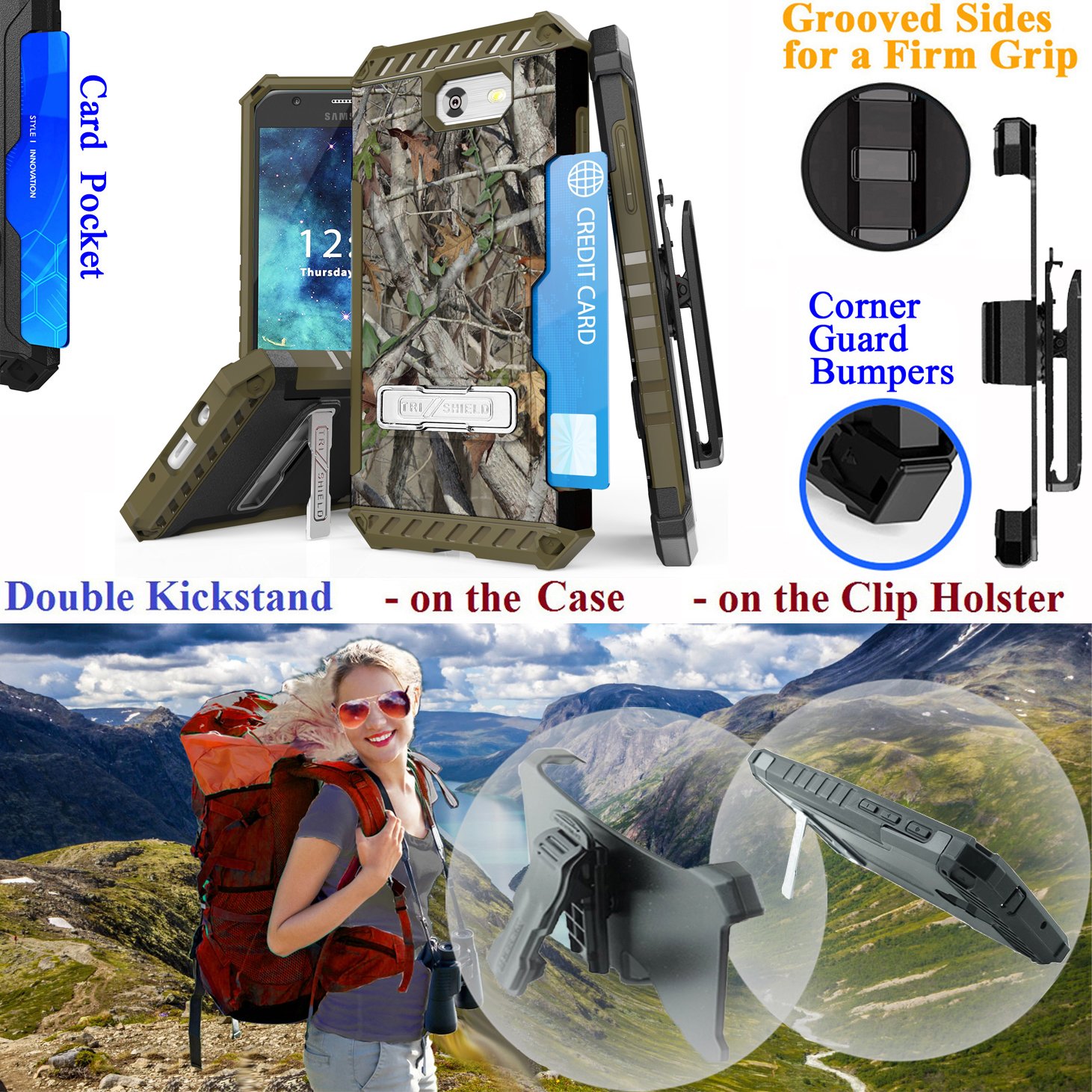 Samsung Amp Prime 2 Express Prime 2 Hybrid Armor Phone Case with Kickstand, Card Slot, Grip Guard, Corner Bumper, and Belt Clip – Camo Forest Design for Outdoor Adventures and Daily Use
