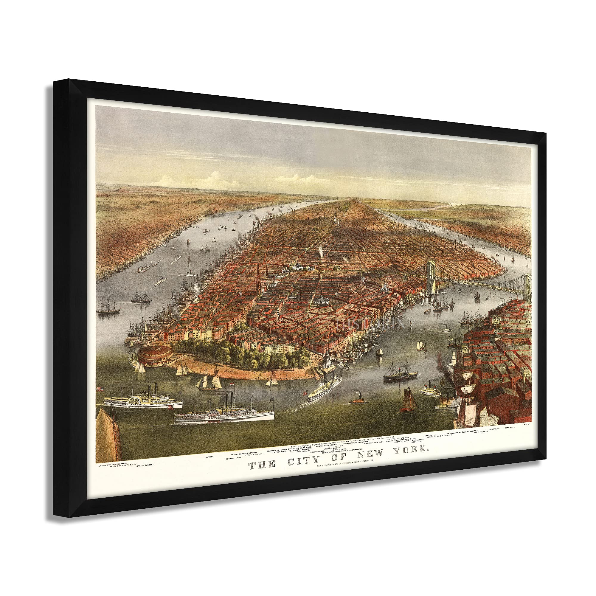 Vintage 1870 New York City Map - 26x38 Inch Black Framed Historical NYC Wall Art - Restored Old New York Poster - Perfect for Home Office Decor & History Lovers