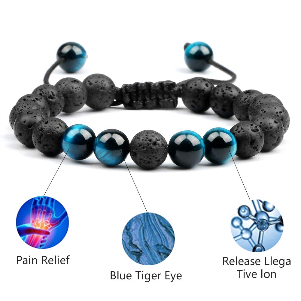 Natural Tiger Eye Lava Rock Bracelet for Men & Women - 8mm Adjustable Beaded Aromatherapy Essential Oil Diffuser Bracelet - Spiritual Healing Jewelry Gift for Yoga, Meditation & Stress Relief