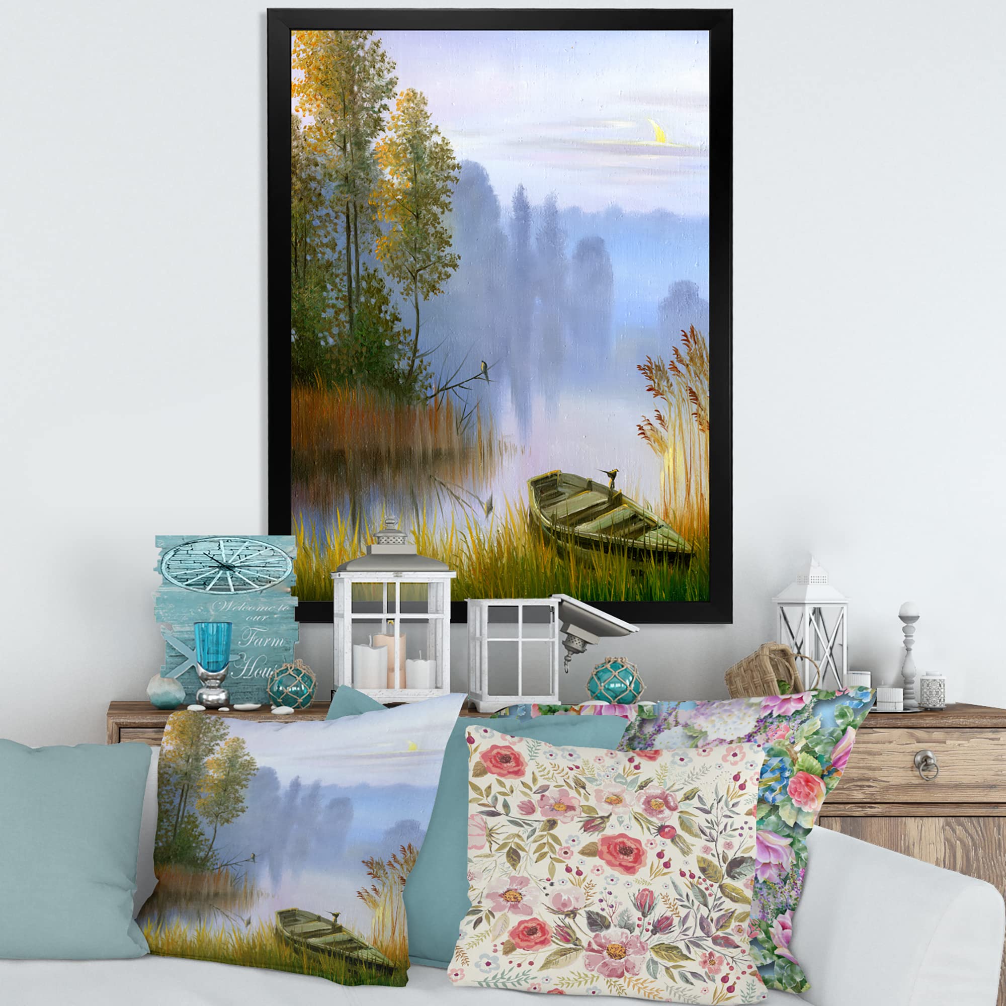 DesignQ Traditional Framed Wall Art - Lakeside Boat Landscape Painting - Perfect for Living Room, Bedroom & Office Decor