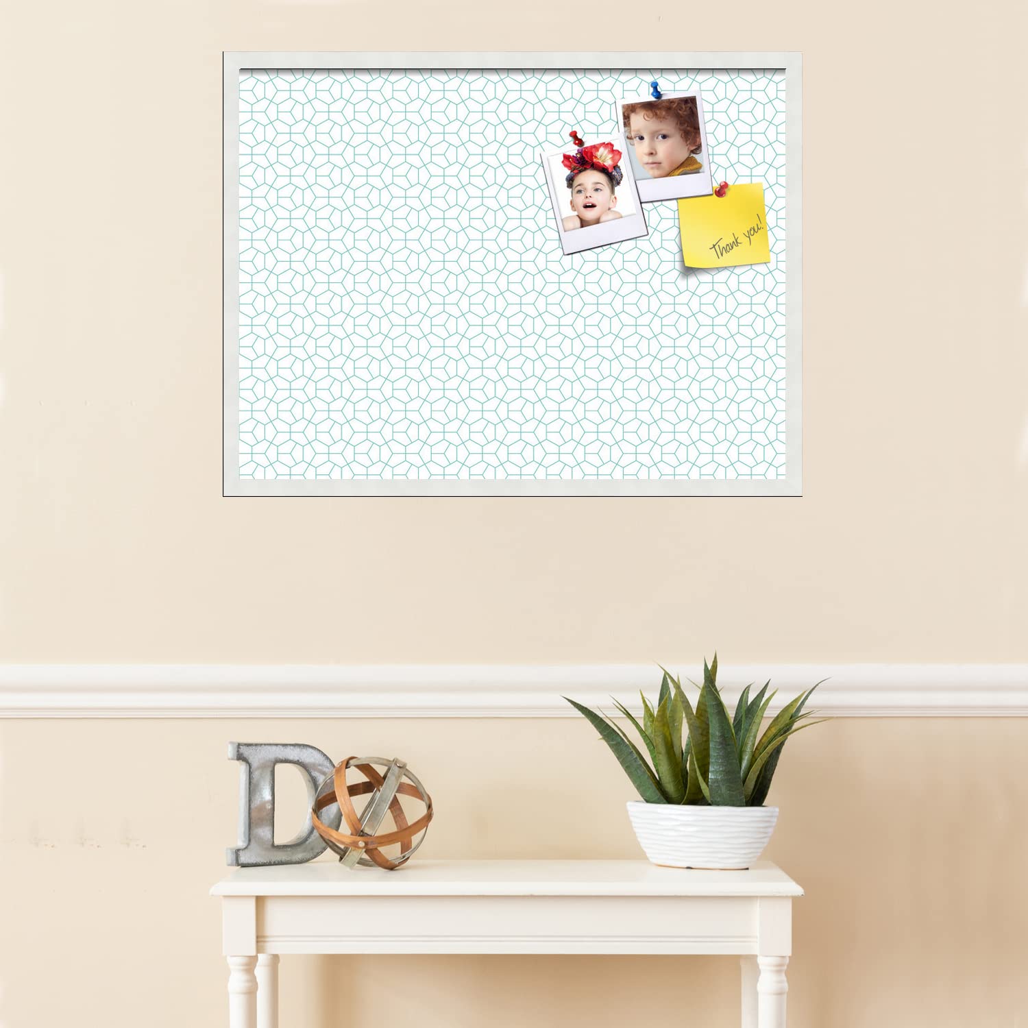 PinPix 32x24 Inch Cork Bulletin Board with Modern Hex Aqua Design & Satin White Frame - Stylish Wall Memo Board for Home Office Decor, School Classroom, Dorm Room Organization & Gift Ideas (PinPix-1540)