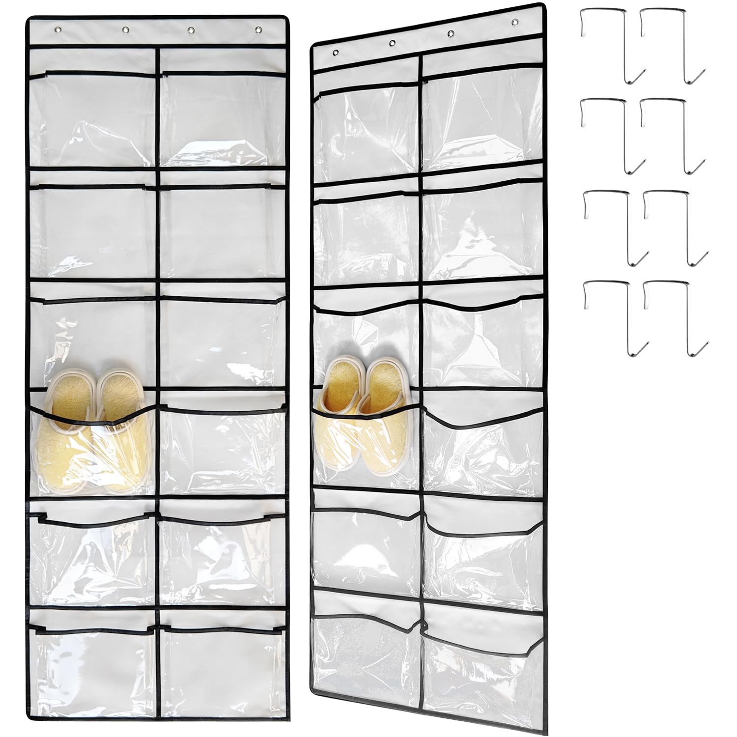 2-Pack Large Clear Crystal Hanging Shoe Organizer with 12 Pockets & 8 Hooks - Over The Door Shoe Rack for Closet Storage (59