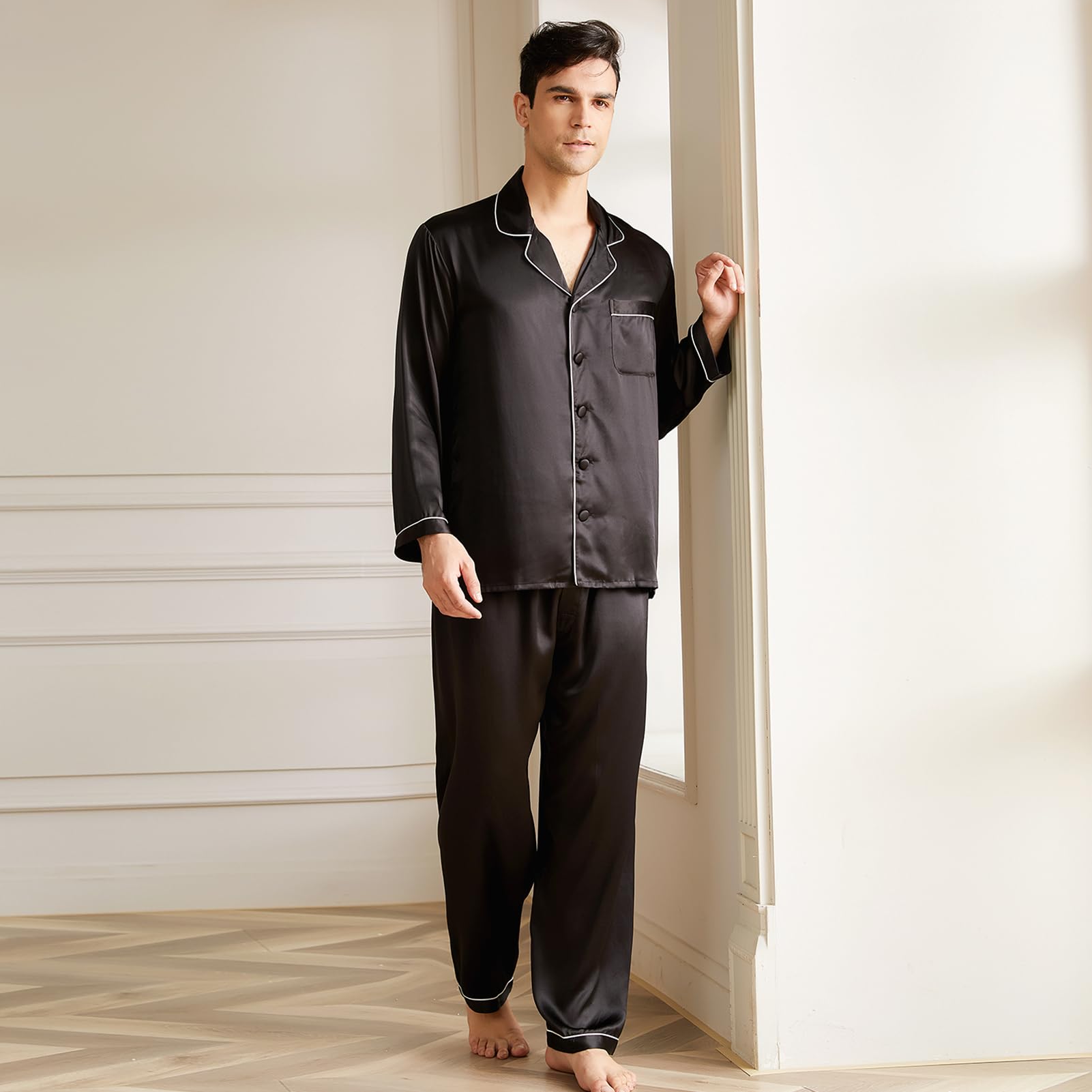 Luxury 19 Momme Mulberry Silk Pajama Set for Men - 2 Piece Long Sleeve Silk Pajamas, Lightweight & Breathable for Sleep, Lounge & Travel