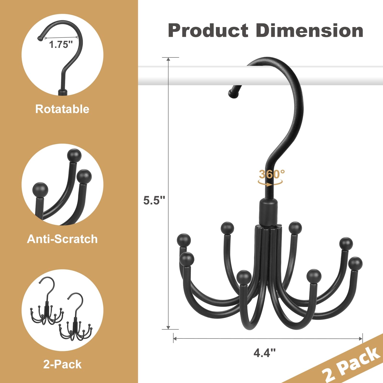 360° Rotatable Belt Organizer & Closet Storage Hook - 2-Pack with 8 Hooks for Belts, Ties, Scarves, Purses & More | Space-Saving Accessory Organizer for Closet, Wardrobe & Bedroom (Black)