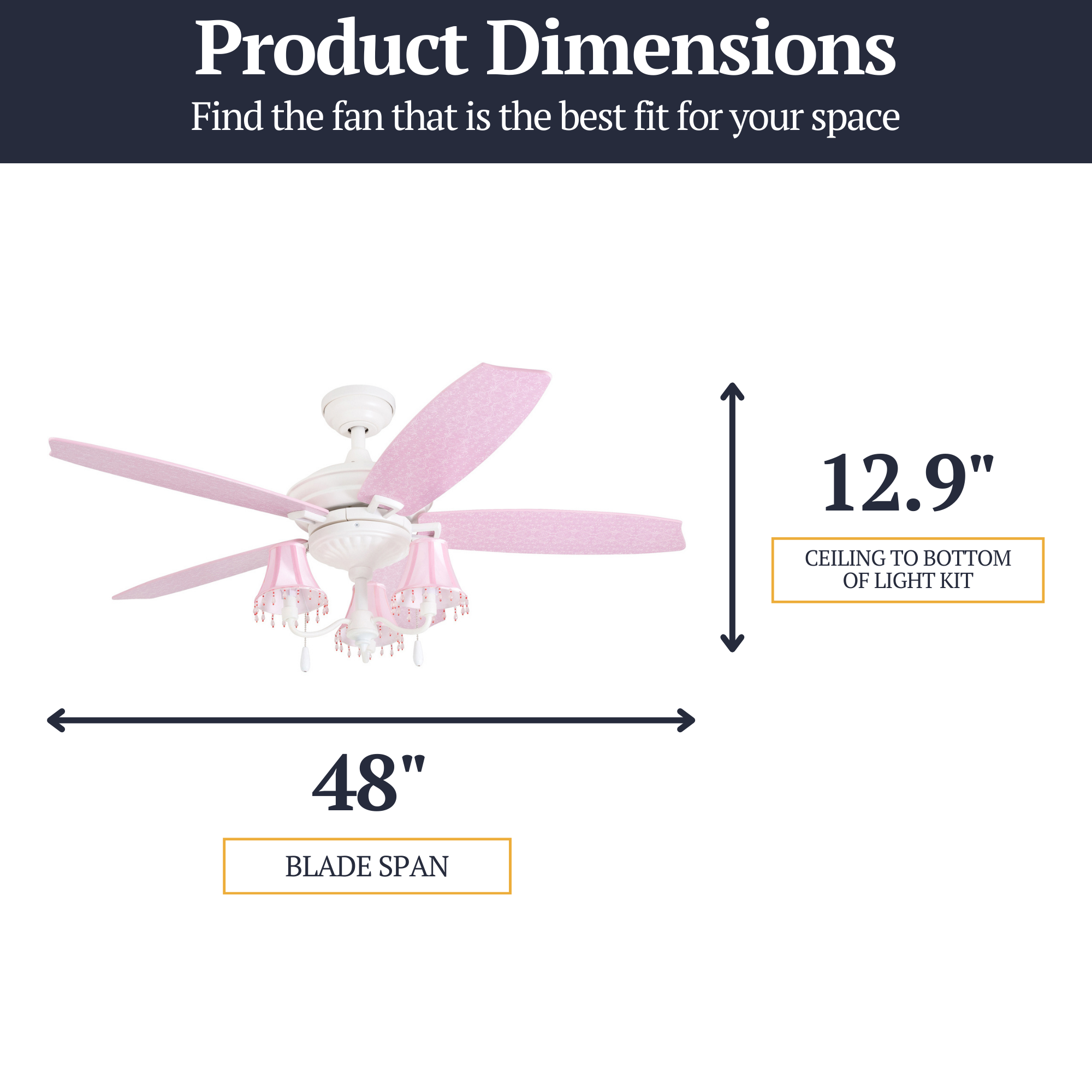 48 Inch Elsa Ceiling Fan with Pull Chain - White & Pink - Perfect for Bedroom, Living Room, and Nursery Cooling