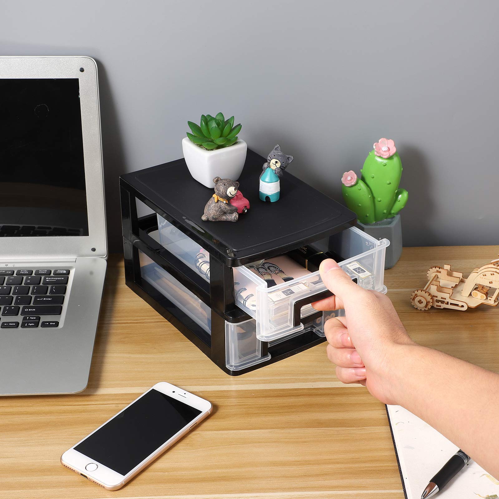 Wakauto 2-Drawer Mini Desktop Organizer - Plastic Stackable Storage Container for Office, Makeup & Cosmetics - Perfect for Desk, Vanity & Small Space Organization