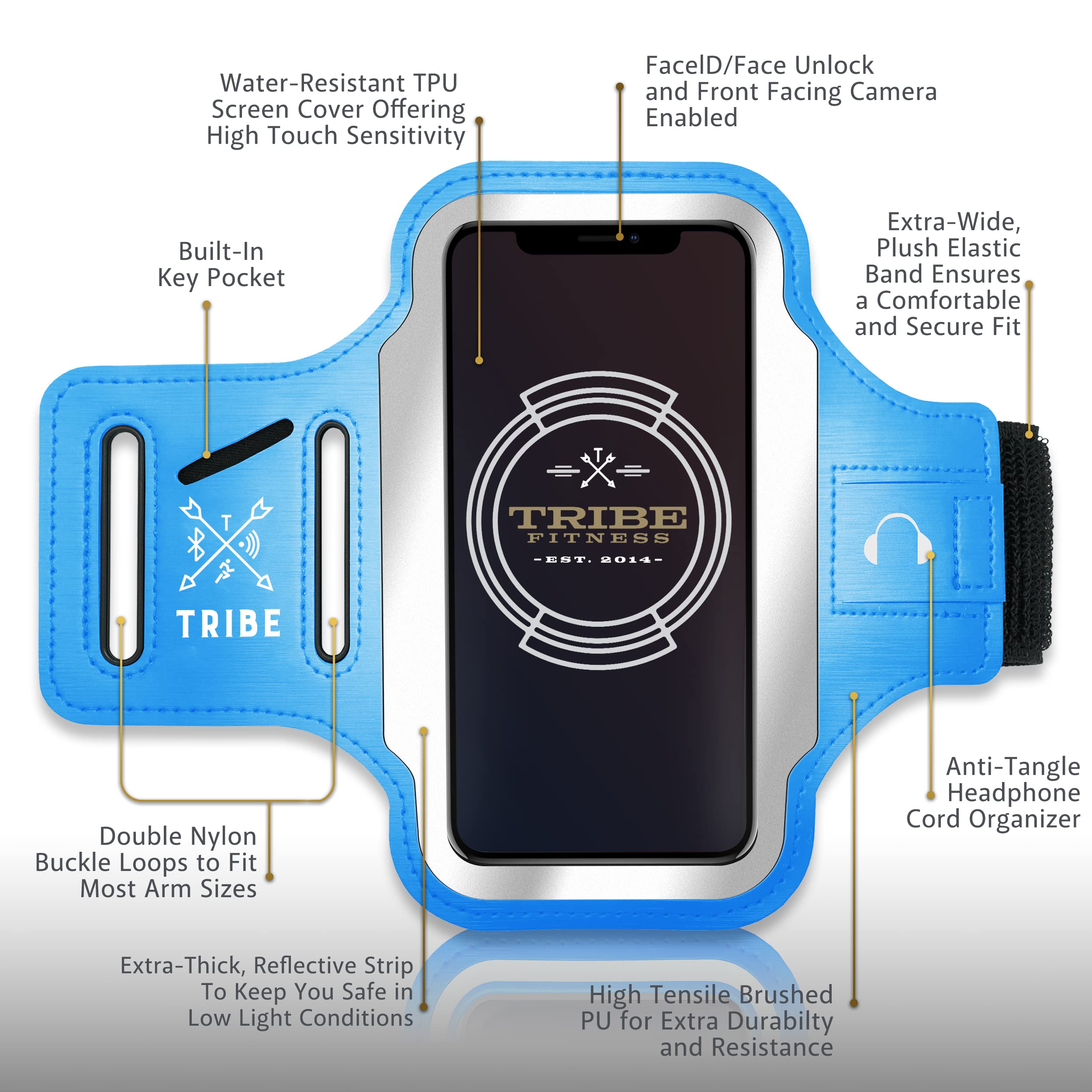 TRIBE Running Phone Holder Armband for iPhone & Galaxy - Adjustable Sports Armband for Men & Women - Perfect for Running, Jogging, Walking, Gym Workout - Fits All Smartphones with CC/Key Pocket - Ideal for Outdoor Activities, Fitness Training & Daily Exercise