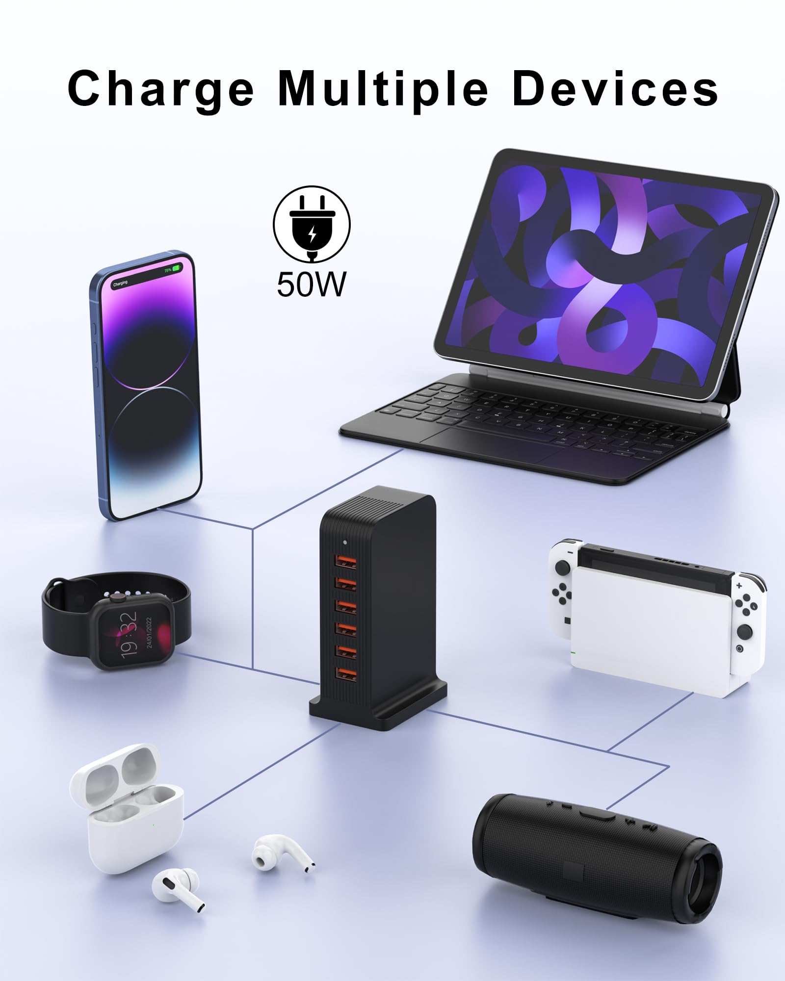 50W 6-Port USB Tower Charging Station - Fast Multi-Device Charger Block with 10A Shared Power (Black) - Perfect for Home, Office & Travel to Charge Phones, Tablets, Smartwatches & More