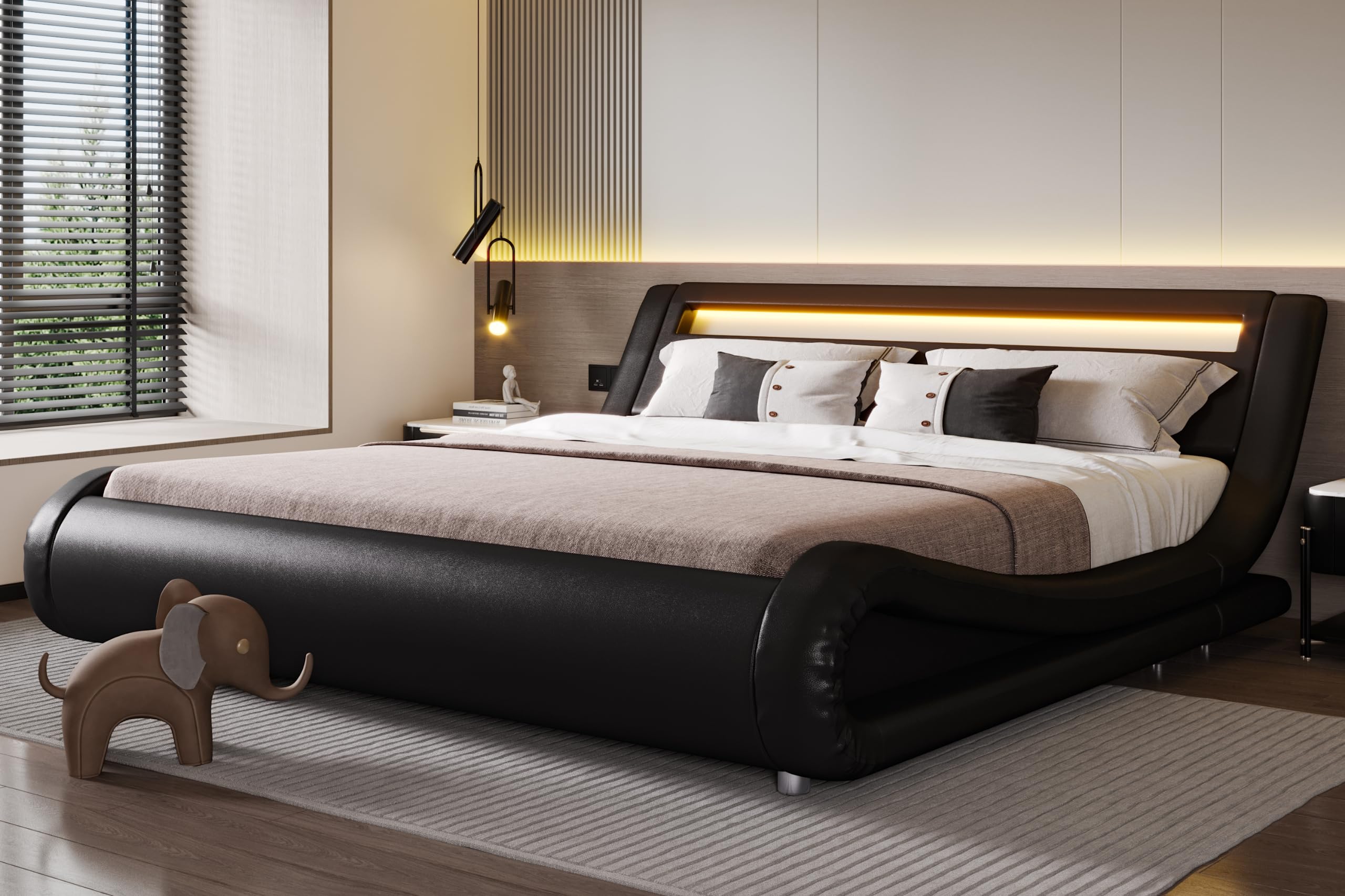 Premium SHA CERLIN LED King Size Bed Frame with Adjustable Headboard - Low Profile Sleigh Design, Sturdy Wood Slat Support (No Box Spring Required) - Black Upholstered Bed for Master Bedroom, Guest Room & Modern Home Decor