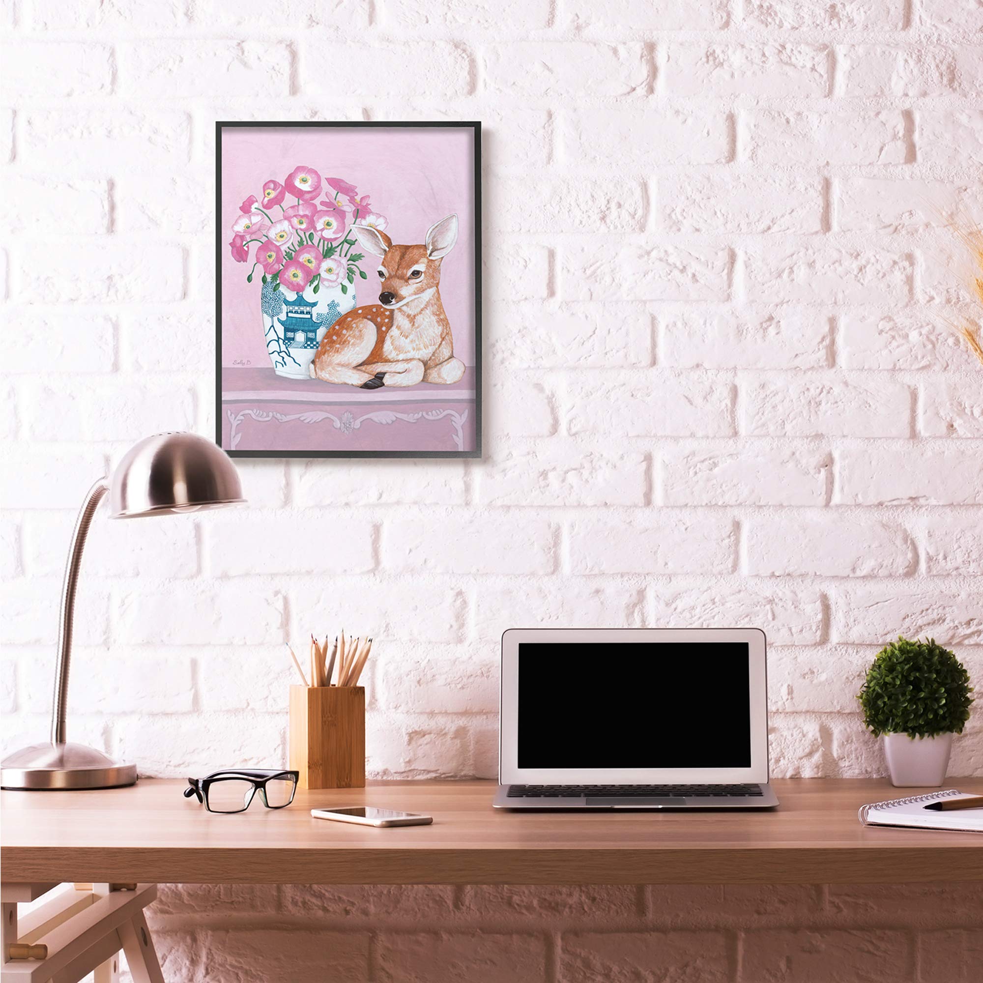Stupell Industries Pink Floral Vase & Deer Wall Art Painting - Sally B Design, 24x30 Inches, Black Framed Canvas - Perfect for Living Room, Bedroom & Office Decor