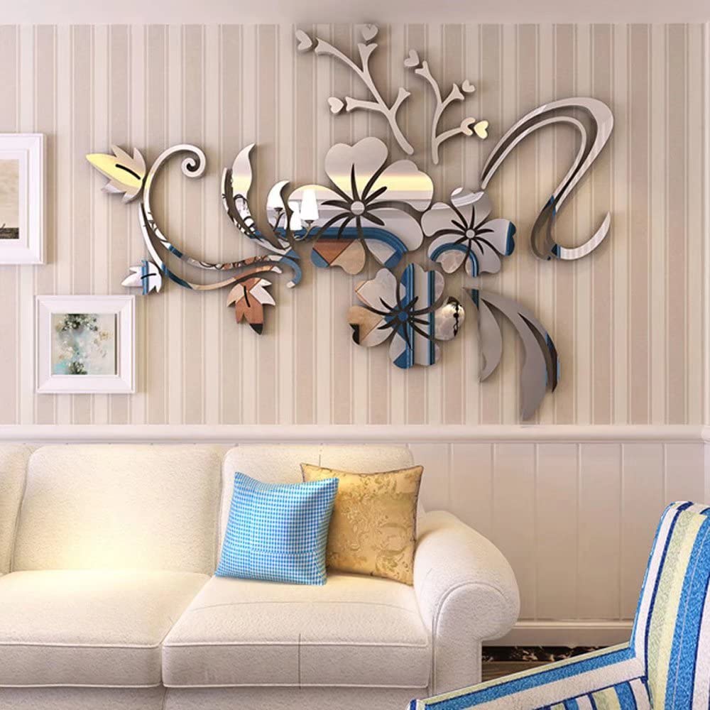 3D Flower Wall Stickers - Family Wall Decals for Living Room, Bedroom & Office Decor | Silvery Self-Adhesive Vinyl Art (90x120cm) | Perfect for Home, Apartment, Dorm & Workspace Decoration