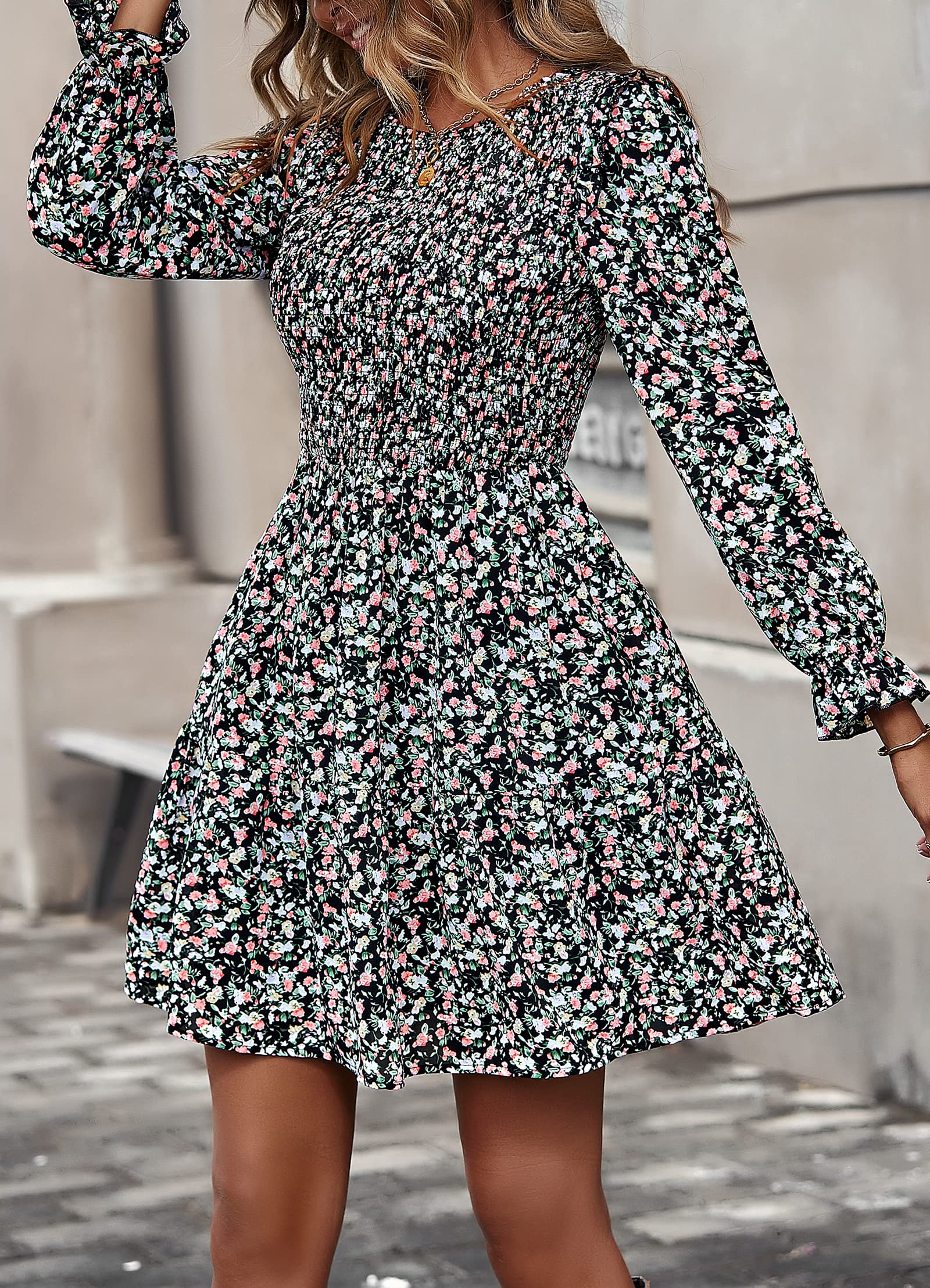 KIRUNDO Women's Floral Smocked Long Sleeve Ruffle A-Line Mini Dress - Spring Summer Party Dress 2025 | Flowy Elegant Outfit for Garden Parties, Date Nights & Special Occasions
