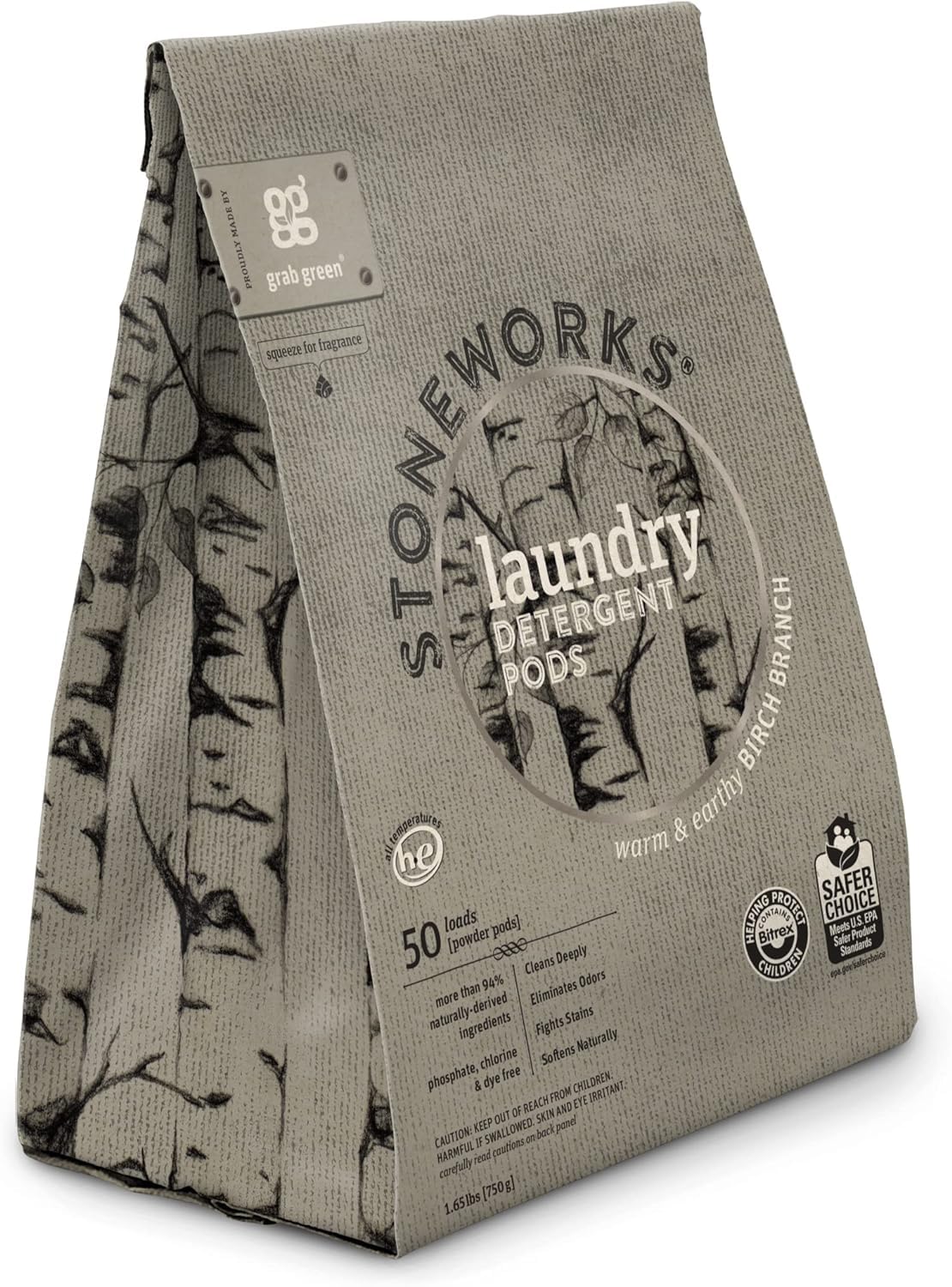Grab Green Stoneworks Laundry Detergent Pods 100 Count - Plant-Based & Mineral-Powered Deep Cleaning Pods with Fresh Birch Branch Scent | Eliminates Odors & Stains | Perfect for HE Washers, Baby Clothes & Sensitive Skin | Eco-Friendly Laundry Solution for Busy Families