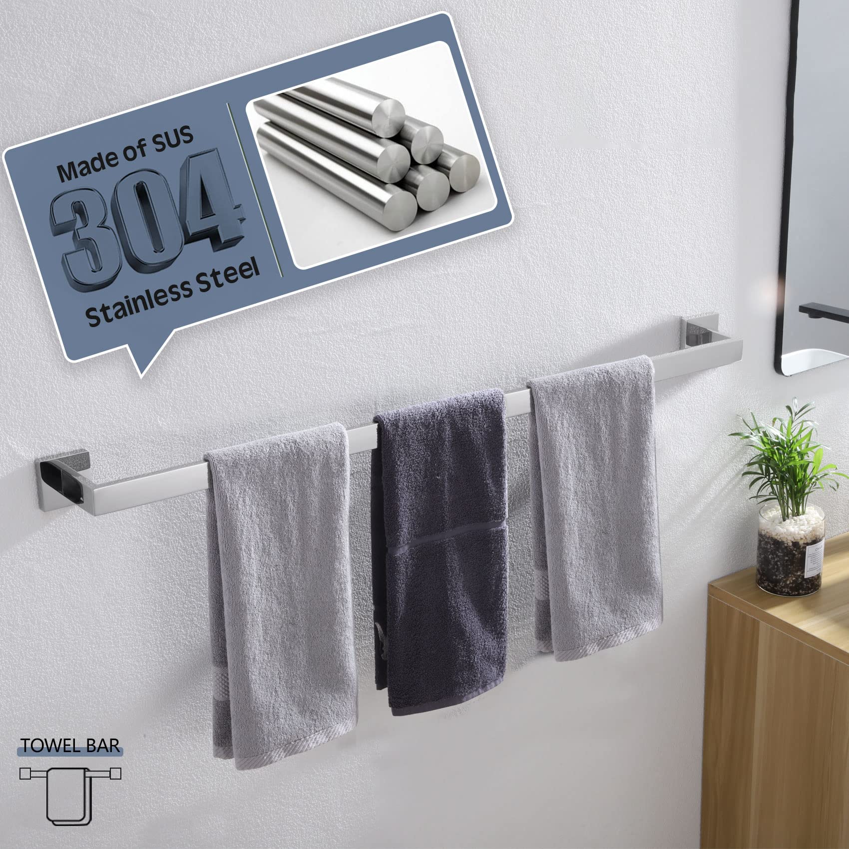 36-Inch Stainless Steel Towel Bar - Modern Bathroom Towel Holder & Coat Hook - Wall Mounted SUS 304 Polished Chrome - Perfect for Bathrooms, Bedrooms & Entryways - KOKOSIRI B05A3-CH-L36
