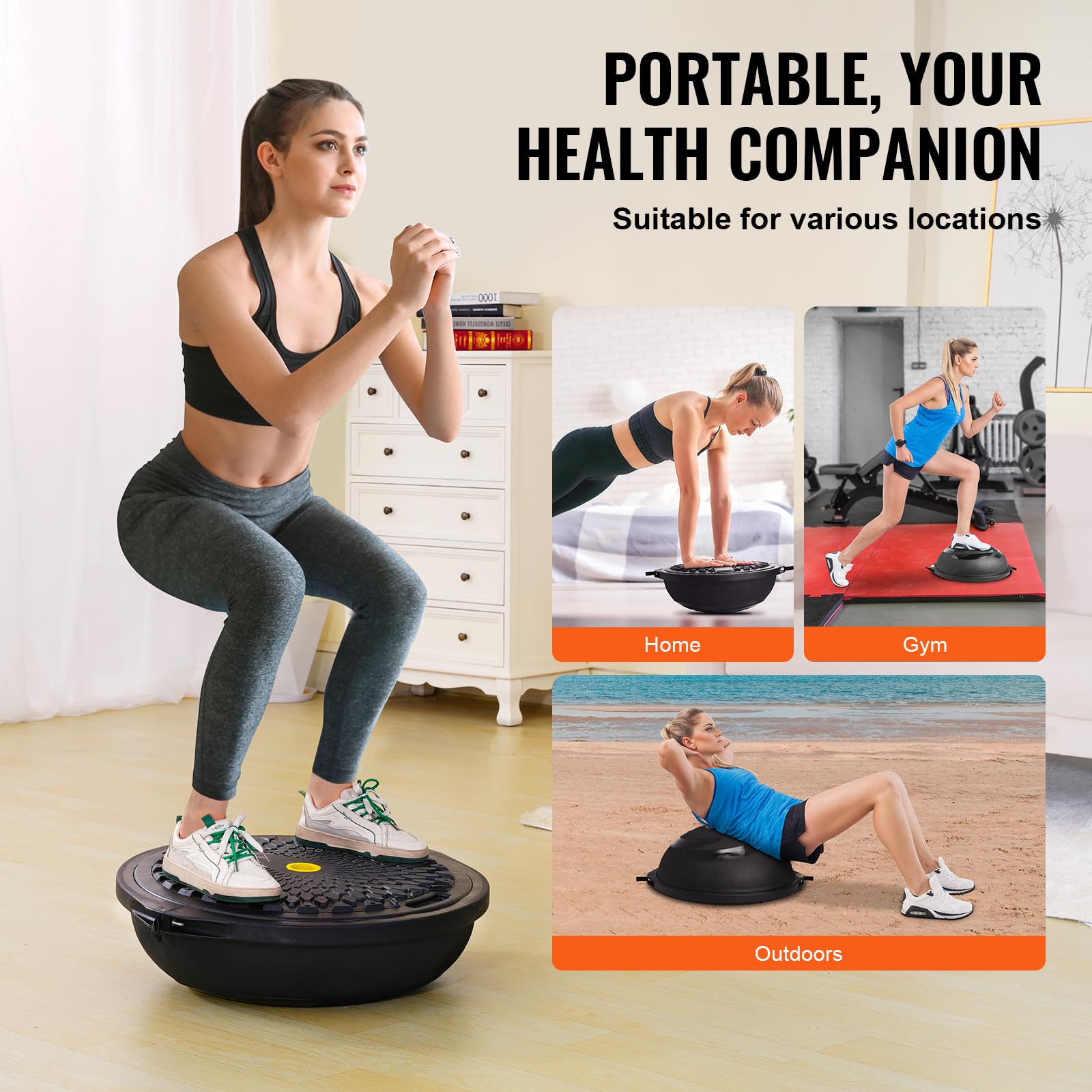 VEVOR 23/26 Inch Half Exercise Ball Trainer - 1500lbs Capacity Stability & Balance Ball with Resistance Bands & Foot Pump - Yoga Fitness Ball for Home Gym, Core Workouts, Pilates, Physical Therapy - Black