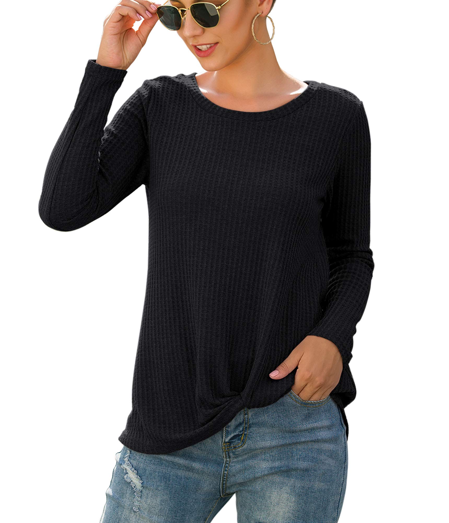 Women's Casual Long Sleeve Twist Knot Waffle Knit Shirt - Loose Blouse for Everyday Wear | Perfect for Work, Date Night & Weekend Outfits