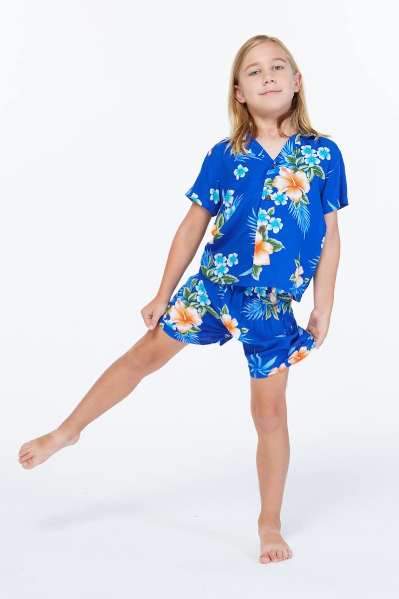 Hawaiian Luau Outfits for Family - Matching Hibiscus Blue Aloha Shirts for Men, Women, Girls & Boys | Perfect for Beach Parties, Summer Vacations & Tropical Themed Events