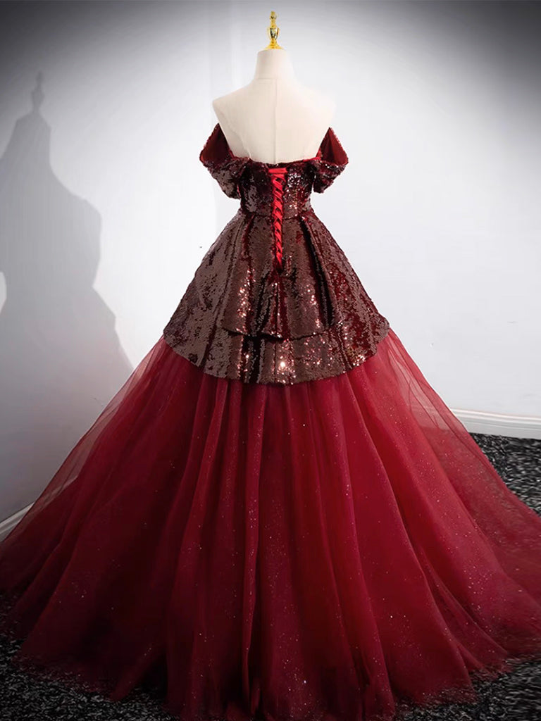 Elegant A-Line Tulle Sequin Burgundy Long Prom Dress | Off-Shoulder Formal Evening Gown for Women | Perfect for Homecoming, Prom Night & Special Occasions