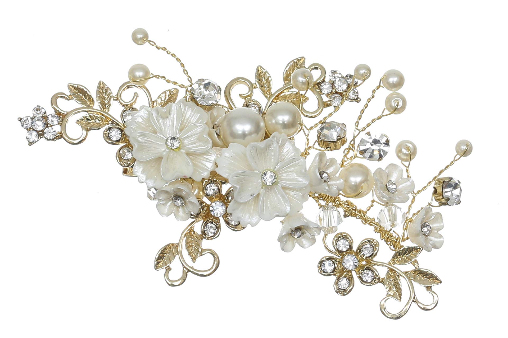 SAMKY Handmade White Pearl Crystal Flower Hair Clips for Women - Gold T1213 | Elegant Bridal Hair Accessories, Prom, Wedding & Party Hair Jewelry