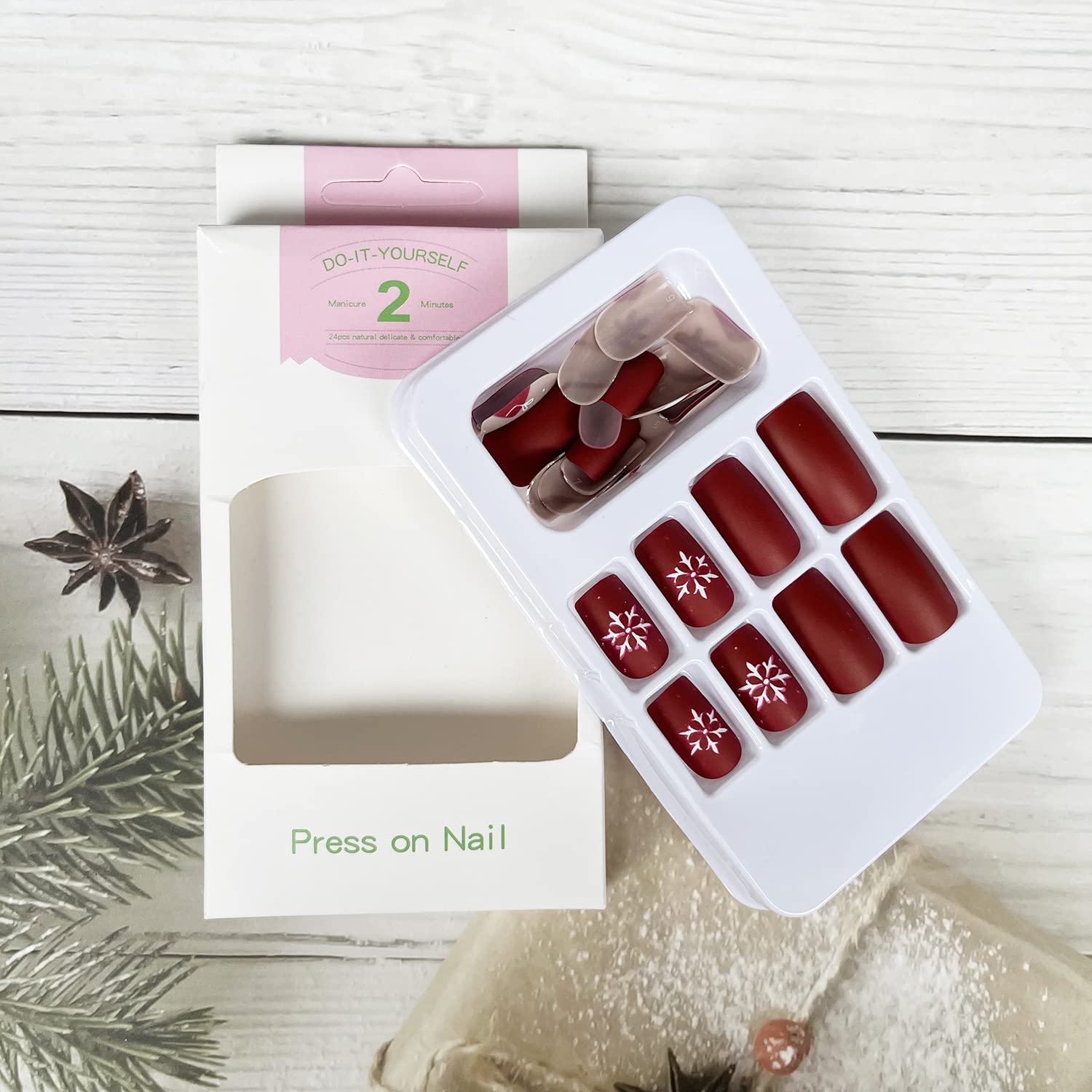 Christmas Press on Nails Medium Length - 24Pcs Matte Acrylic Fake Nails with Nail Glue - Snowflake Sled Stripe Design Artificial Nails for Women & Girls - Perfect for Holiday Parties, Gift Giving & Winter Manicure Decorations (Red)