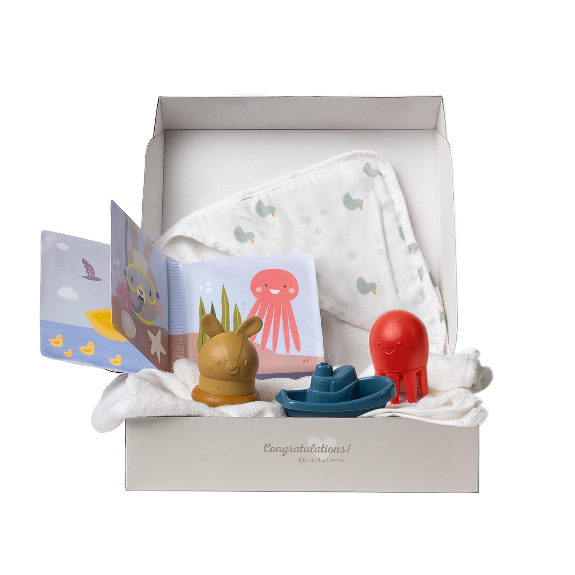 Taf Toys Baby Bath Time Kit - Includes Bath Book, Hooded Towel, Squeaky Toys & Boat - 5-Piece Newborn Essentials Set | Perfect Baptism Gift for Baby Boys & Girls | Fun Bathtime Play & Learning Experience