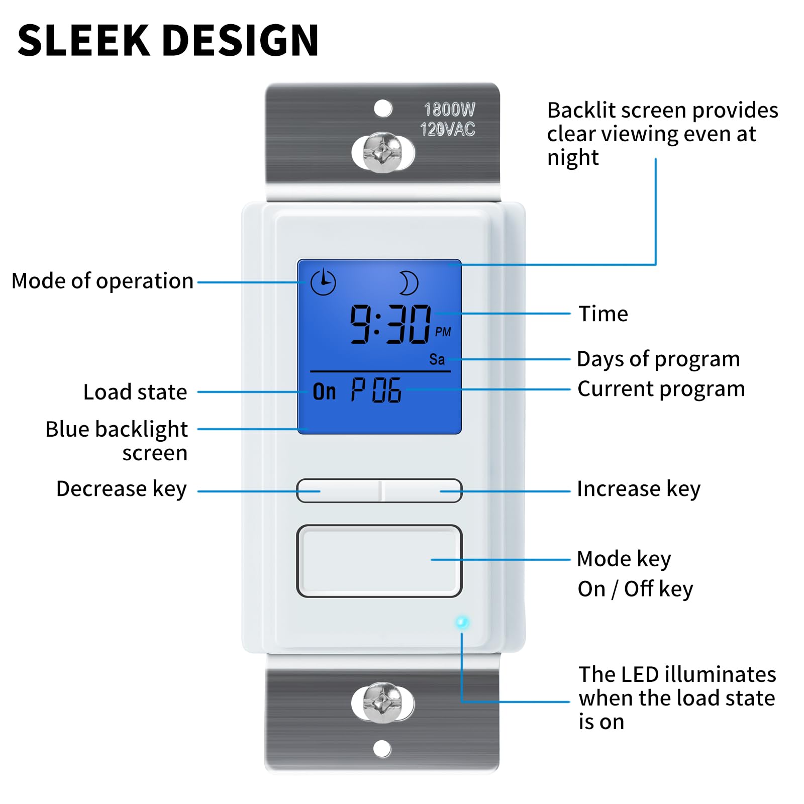 7-Day Programmable Light Switch Timer with Blue Backlight LCD - In-Wall Digital Timer for Lights, Fans & Motors - Sunrise/Sunset Auto On/Off - Neutral Wire Required - Perfect for Home, Office & Outdoor Lighting Automation