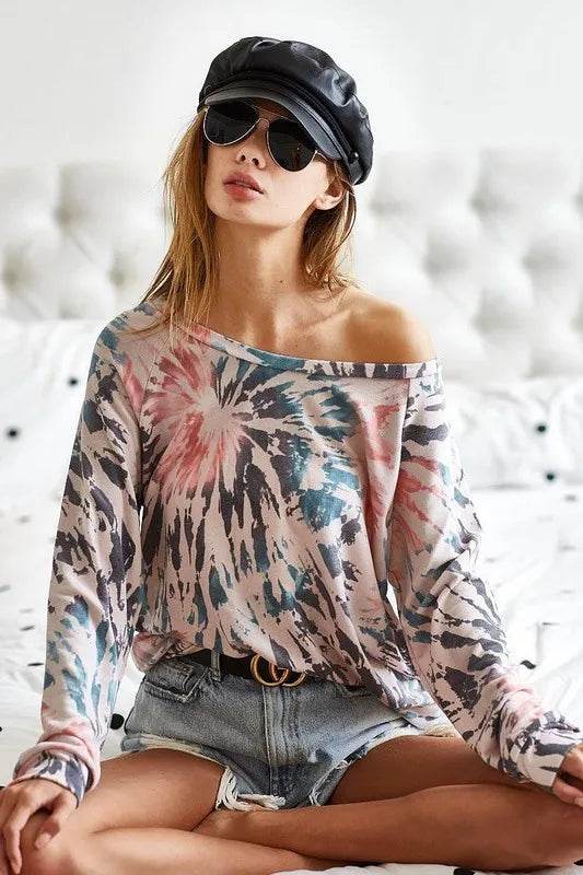 BiBi Tie Dye Terry Knit Top - Soft Cotton Blend Women's Casual Shirt for Summer Beach, Yoga & Lounge Wear