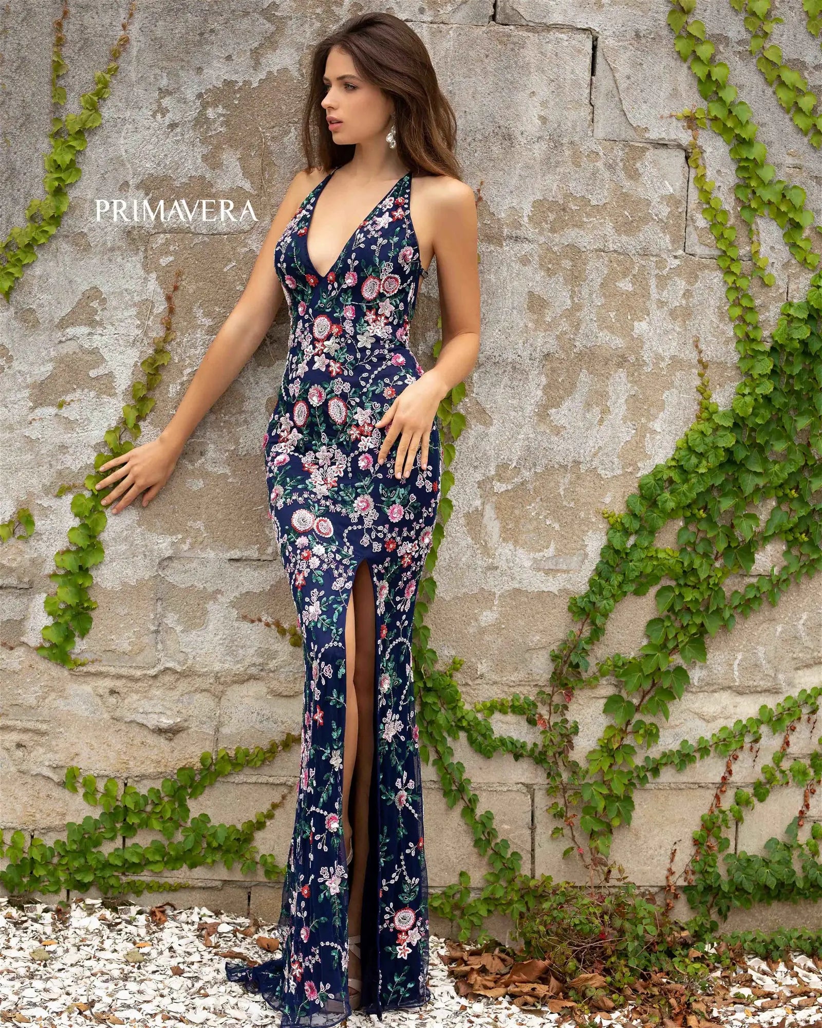 Primavera Fitted Floral Long Beaded Gown - Elegant Evening Dress for Prom, Wedding & Special Occasions
