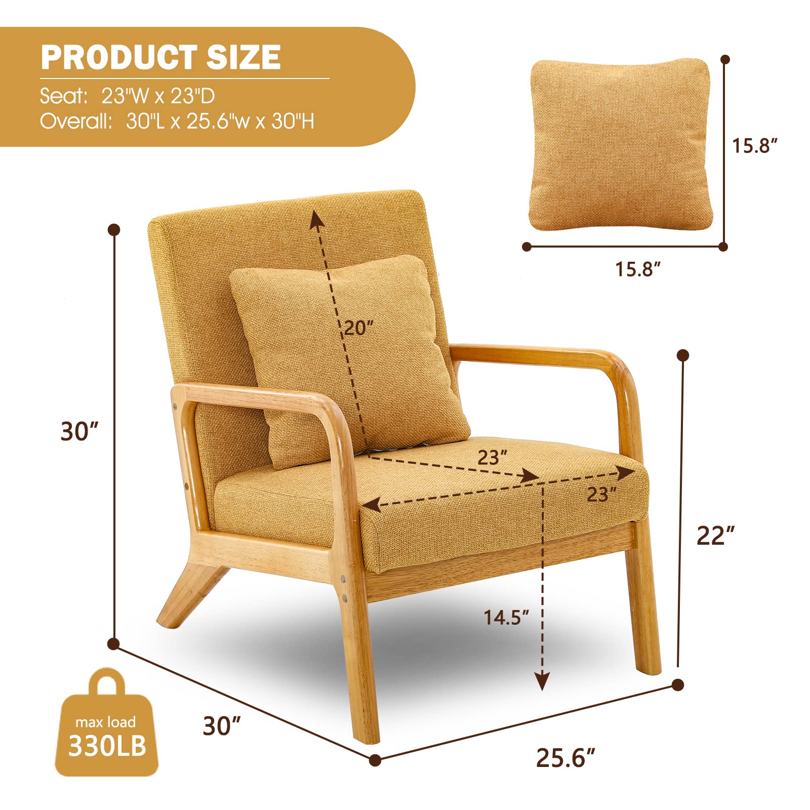 Mid-Century Modern Accent Chair - Solid Wood Frame Armchair with Soft Cushion & Pillow for Living Room, Bedroom, Balcony | Comfortable Deeper Sitting Chair in Yellow | Perfect for Reading Nook, Lounge Area & Home Office Decor