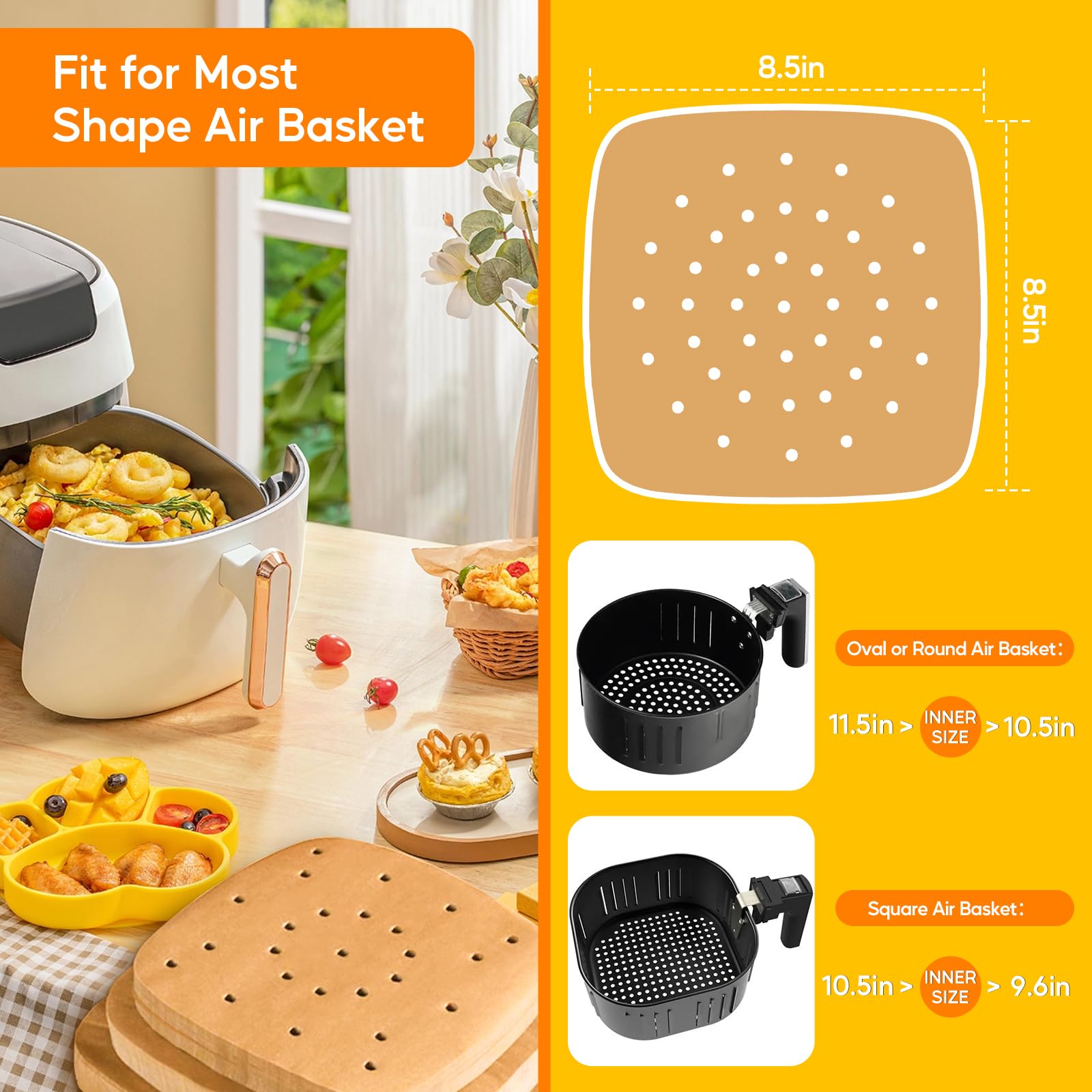 Katbite 200Pcs 8.5 Inch Unbleached Air Fryer Parchment Paper Liners - Heavy Duty, Non-Stick, Square Perforated Baking Sheets for Air Fryer, Oven & Steamer | Perfect for Healthy Cooking, Meal Prep & Quick Cleanup
