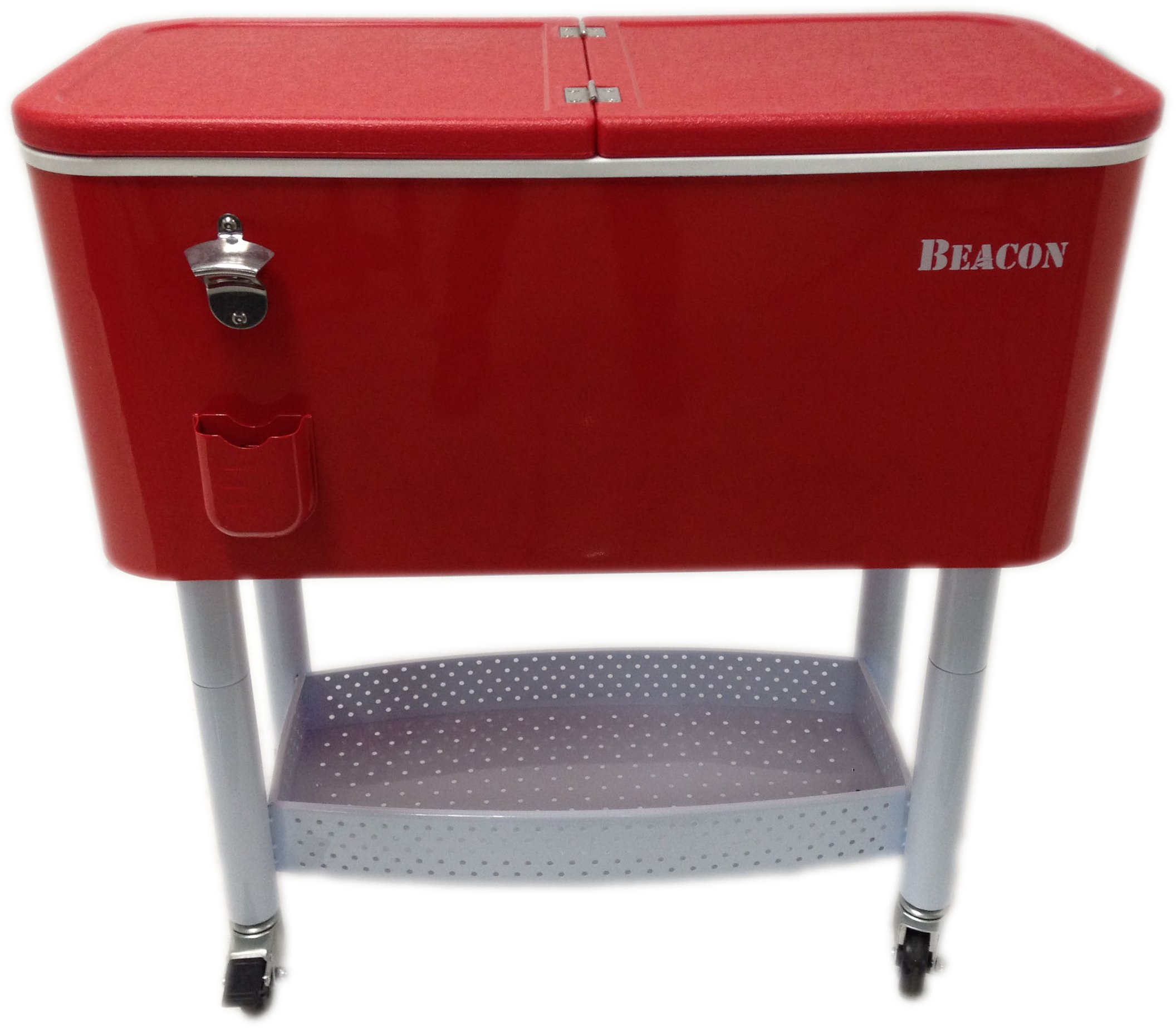 BEACON Rolling Party Cooler - Insulated Red Steel Cooler with Metal Storage, Wheels & Stand | Portable Outdoor Cooler for Picnics, BBQs, Camping & Tailgating