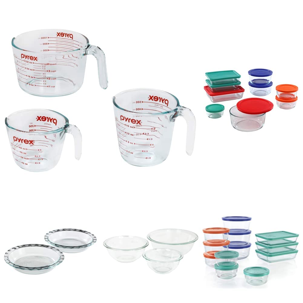 Pyrex Glass Measuring Cup, Mixing Bowl & Pie Plate Set - 18 & 24-Piece Food Storage Containers with Lids for Baking, Cooking & Meal Prep | Durable, Microwave & Oven Safe Glassware