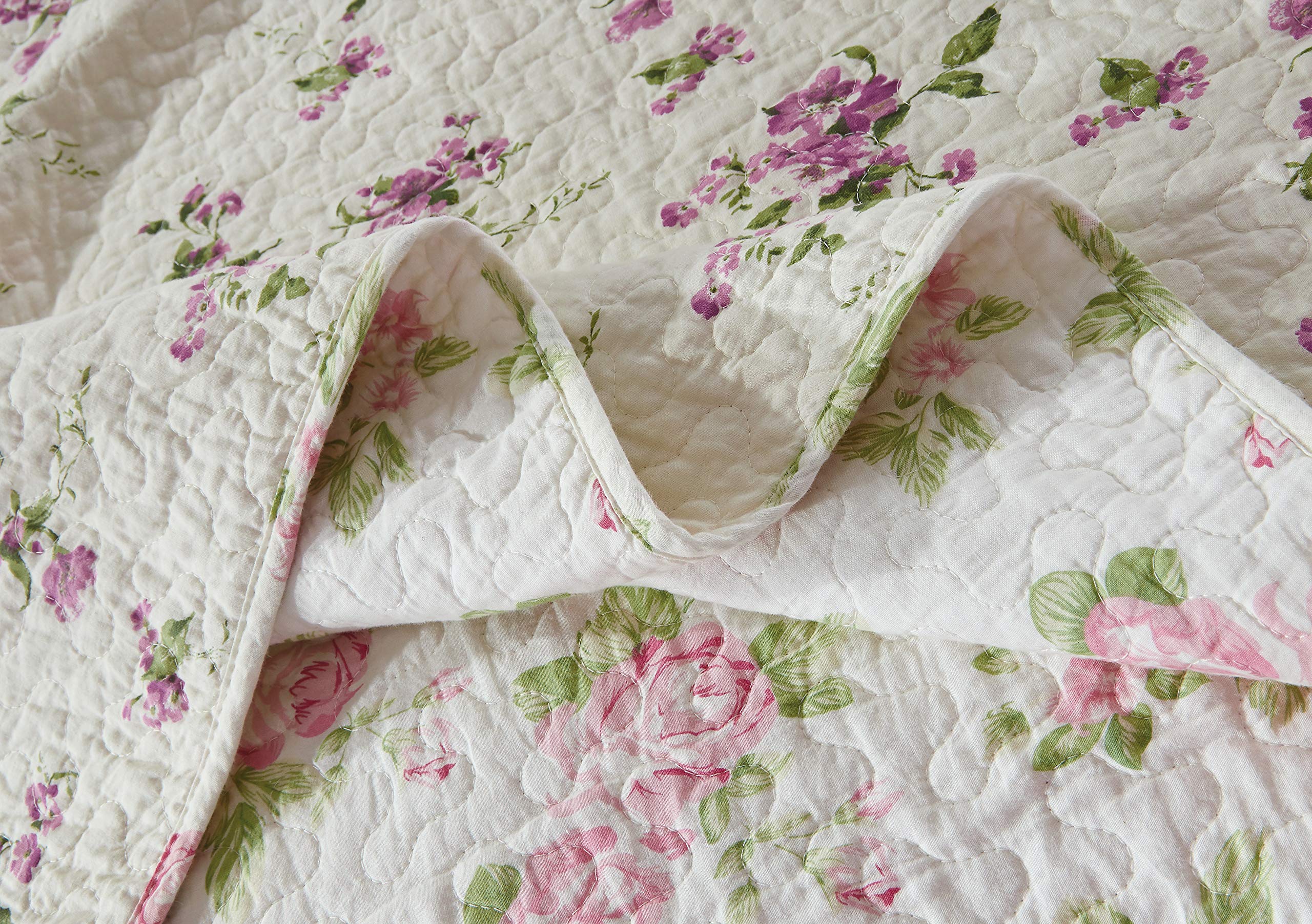 Chezmoi Collection Dakota 3-Piece Pink Rose Printed Cotton Quilt Set - Reversible Floral Bedspread King Size, Lightweight Stone Washed for Cozy Bedroom Decor & Guest Room Styling