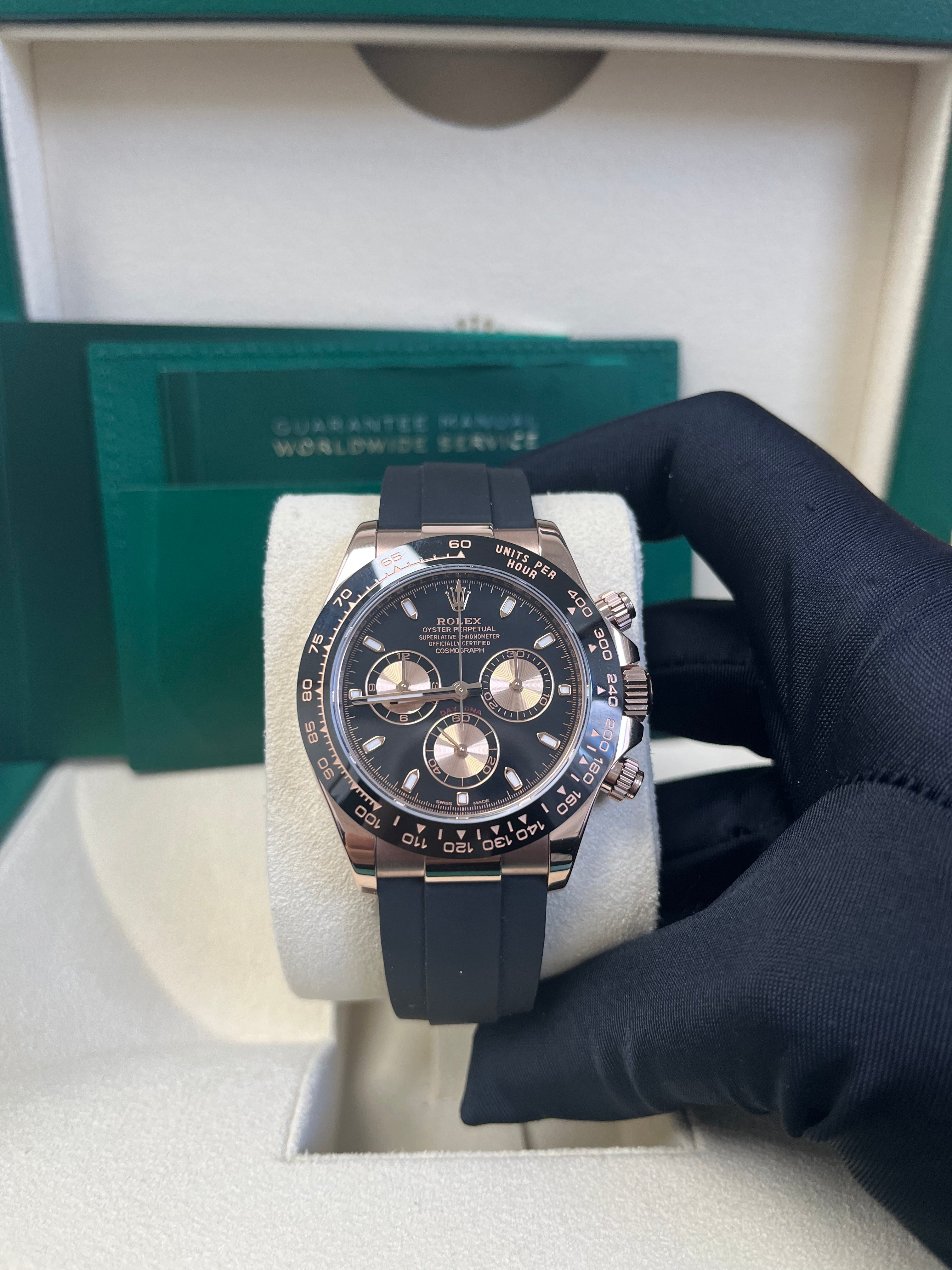 Rolex Daytona 40mm Rose Gold Watch with Black Index Dial & Oysterflex Strap - Ref.116515LN | Luxury Chronograph for Men, Perfect for Business Events & Special Occasions