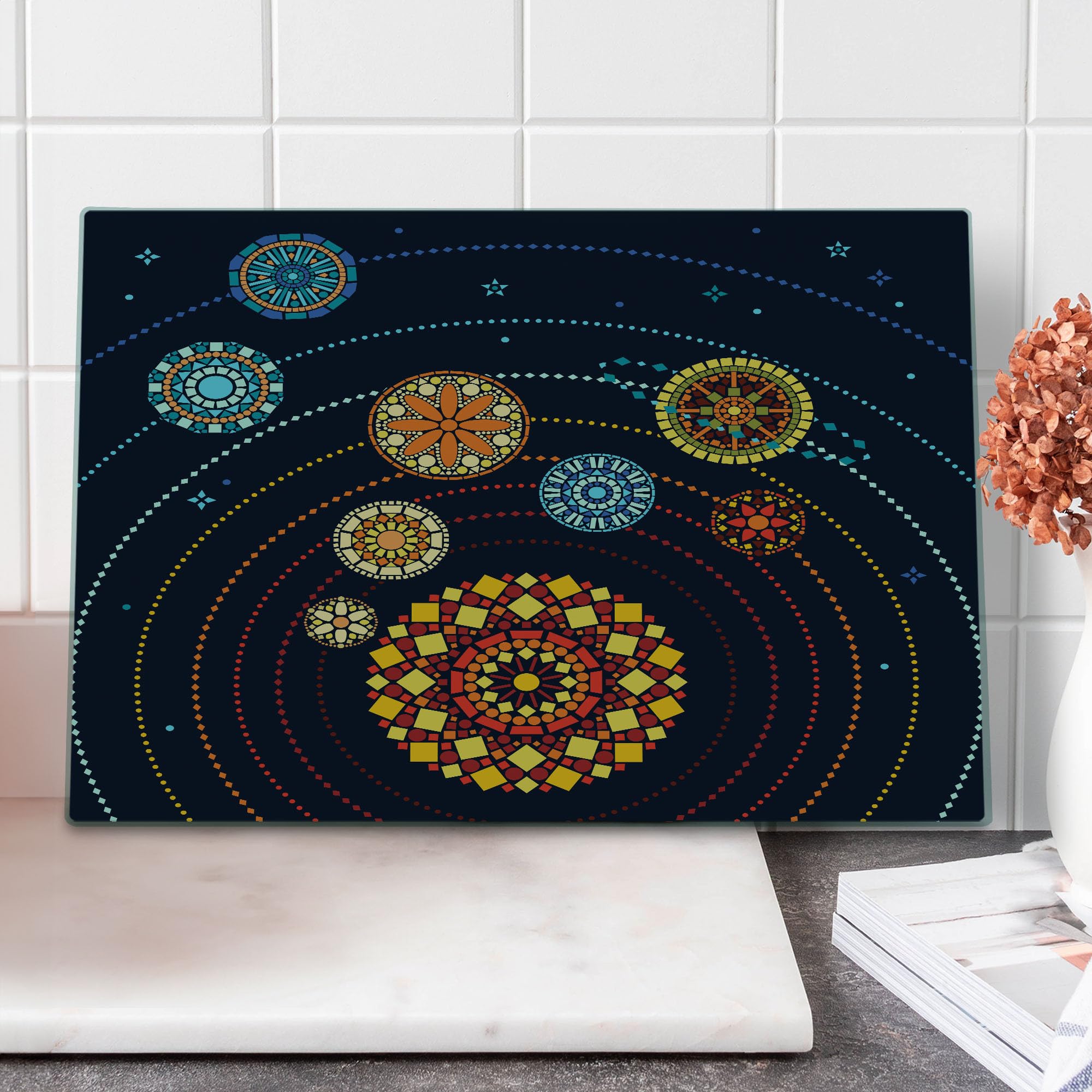 Ambesonne Galaxy Mandala Tempered Glass Cutting Board - Solar System Design with Ornamental Planets - Large Multicolor Decorative Serving Board for Kitchen, Dining & Gift Giving - Perfect for Cheese Platters, Charcuterie & Home Decor
