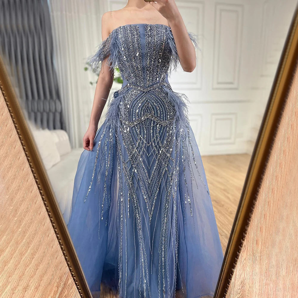 Luxury Dubai Blue Mermaid Gown with Feathers & Beads - Saudi Arabian Evening Dress with Overlay Skirt for Formal Events, Weddings, Galas & Red Carpet Occasions LA72727