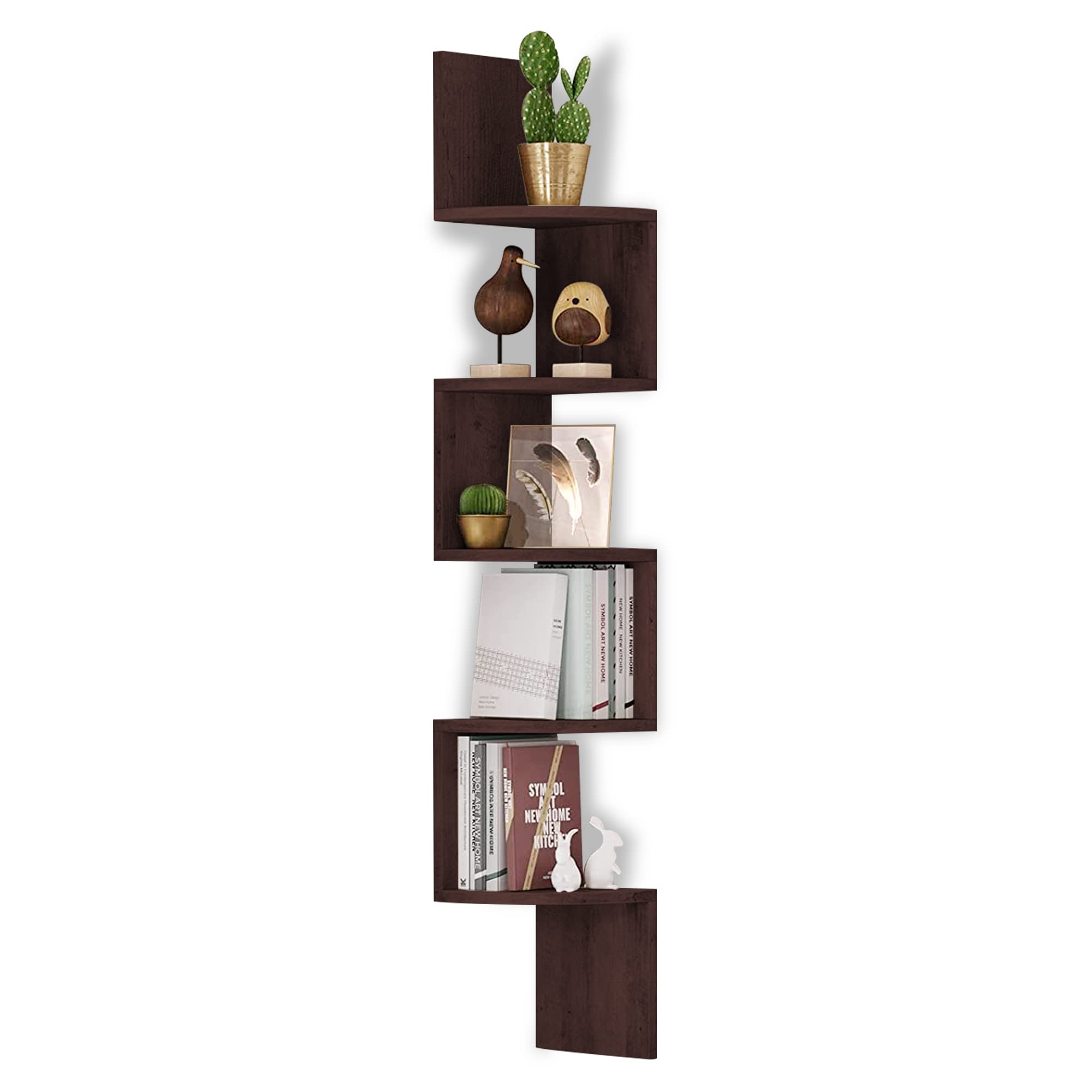 Rustic Wood 5-Tier Zig Zag Floating Shelf - Wall Mounted Corner Shelf Organizer for Espresso Bar, Bedroom, Living Room & Bathroom - Decorative Display Storage for Home Decor & Small Space Organization