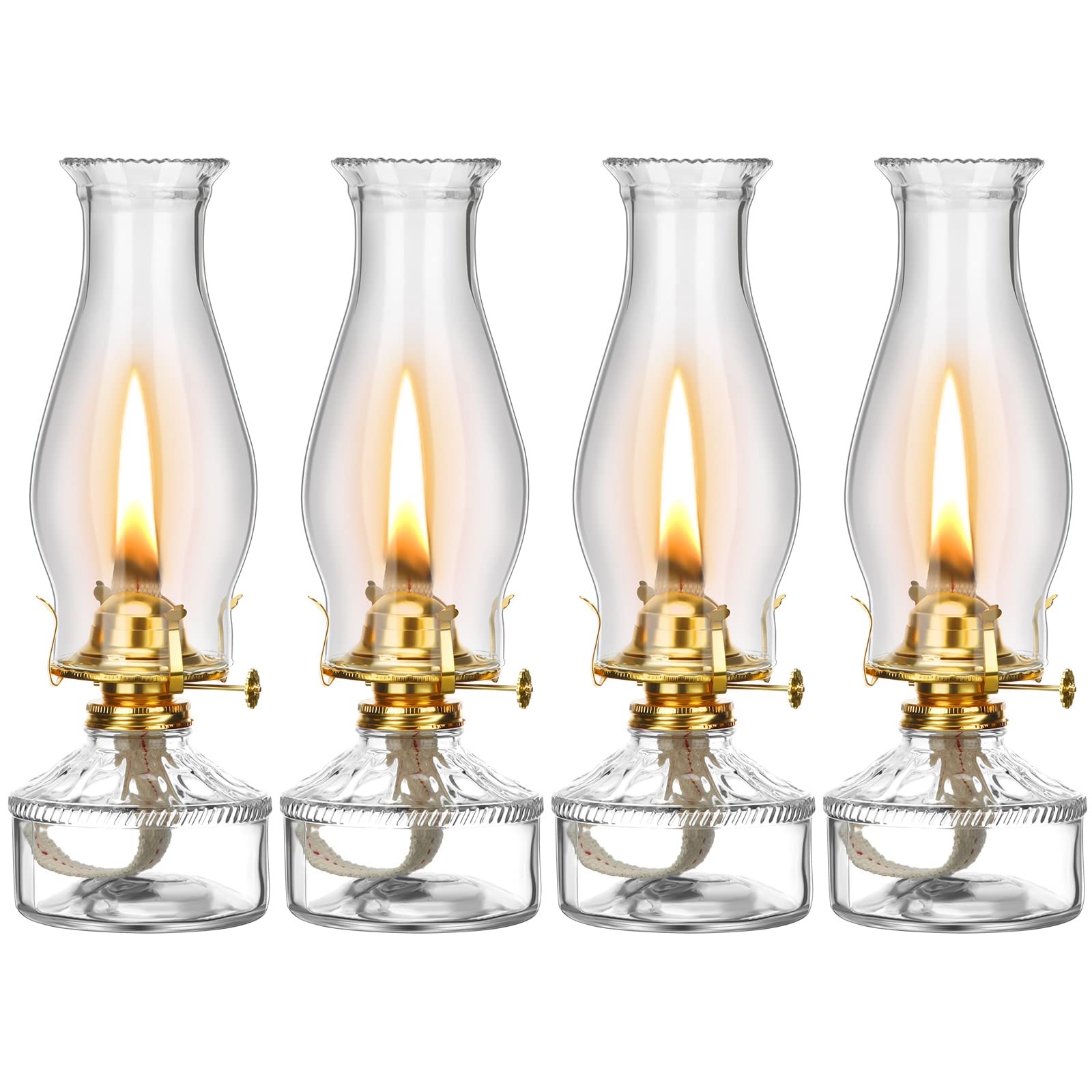 Vintage Glass Oil Lamps Set of 4 - Antique Kerosene Lanterns for Home Decor, Emergency Lighting & Outdoor Camping - Hurricane Chamber Lamps for Tabletop, Mantel, and Patio Use (Retro Style)