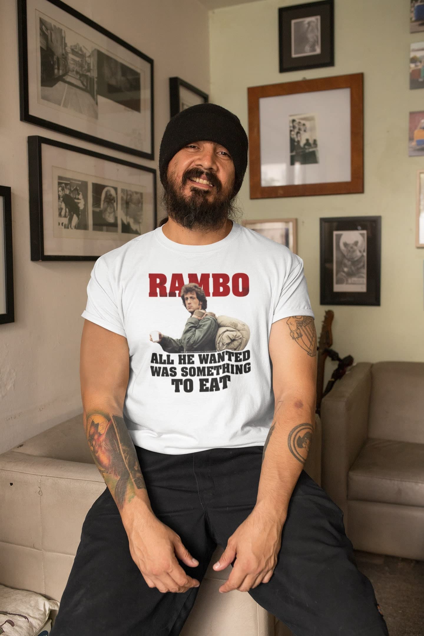 Rambo Movie Graphic Tee for Men - 'All He Wanted Was Something to Eat' Vintage T-Shirt - Casual Wear, Movie Night & Fan Gift