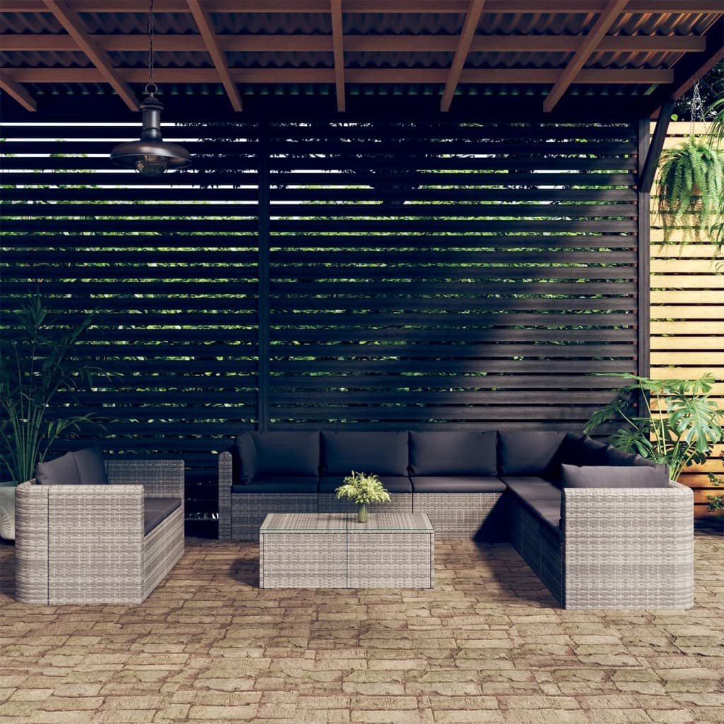10-Piece Patio Lounge Set with Cushions - Gray Poly Rattan Outdoor Furniture for Garden, Poolside & Backyard Relaxation