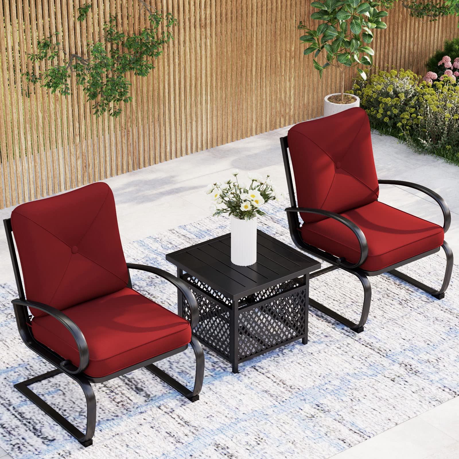 MFSTUDIO 3-Piece Outdoor Patio Bistro Set with 2 Spring Motion Chairs & Metal Coffee Table - Burgundy Garden Furniture for Backyard, Lawn - Includes Padded Cushions & 1.57