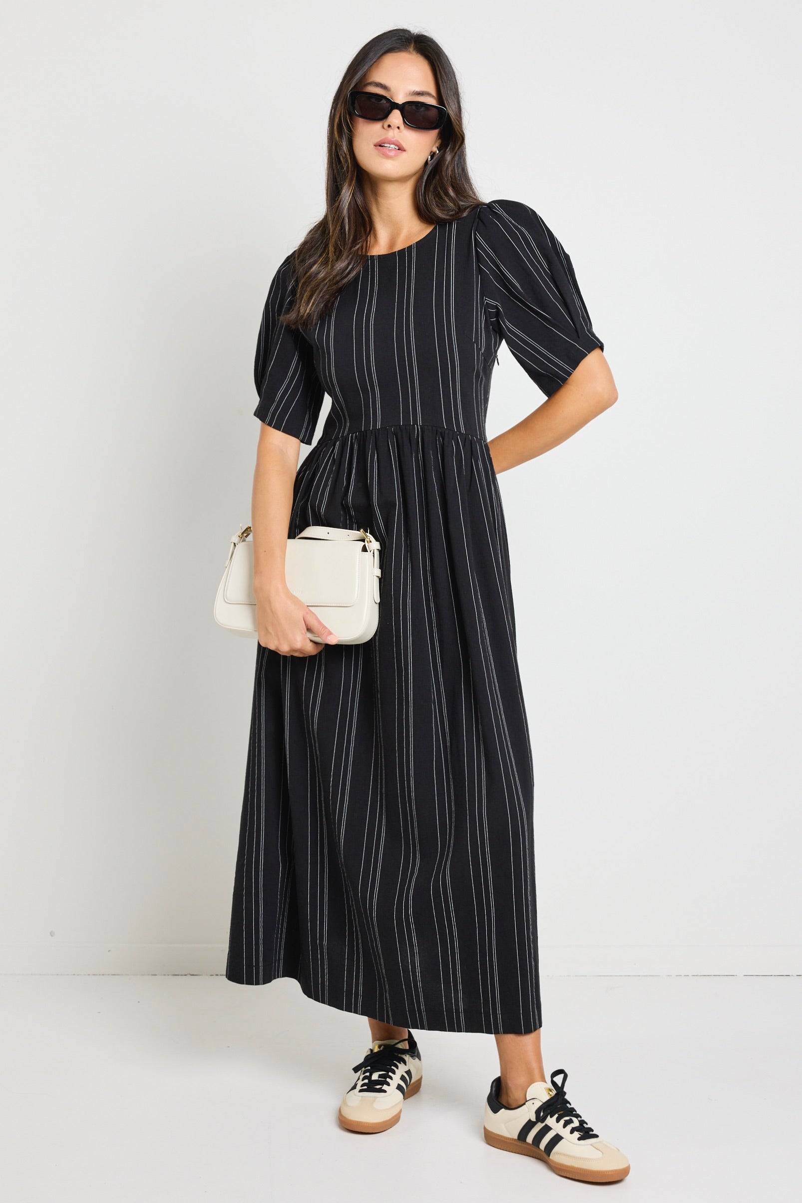 Black Stripe Short Sleeve Relaxed Midi Dress for Women - Casual Summer Beach Wear & Vacation Outfit