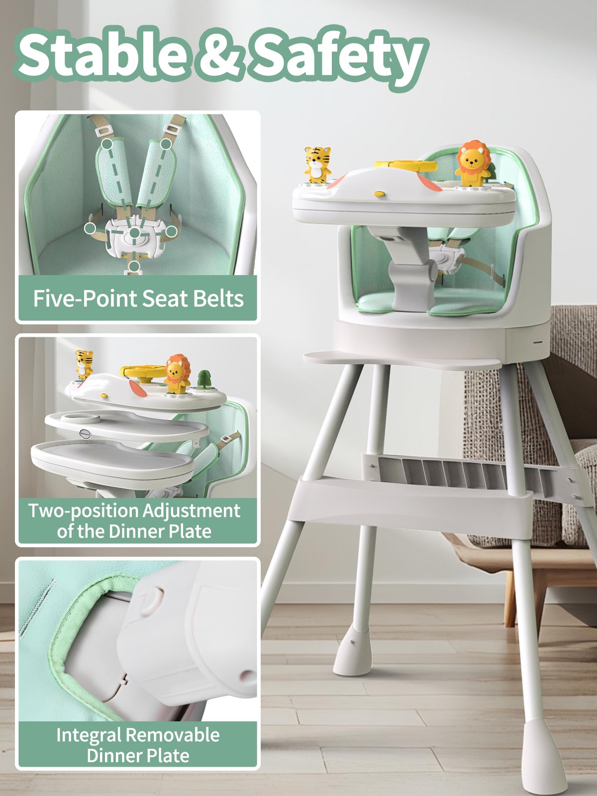 8-in-1 Convertible Baby High Chair with Removable Tray & Buckle Strap | Adjustable Booster Seat for Dining Table | Sensory Exploration with Music & Lights | Mobile Floor Seat with Wheels | Safe for Infants 6-36 Months (Green) | Perfect for Mealtime, Playtime & Learning Activities at Home