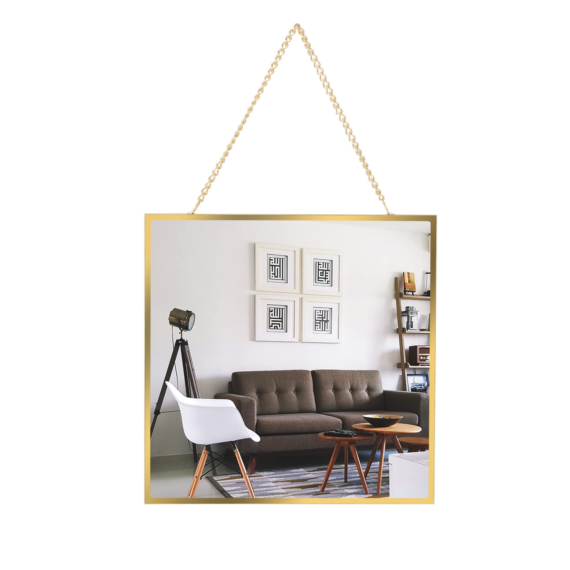 Gold Square Hanging Wall Mirror 11.8x11.8 Inch - Decorative Metal Mirror with Chain for Bathroom, Bedroom, Living Room & Home Decor - Perfect for Vanity, Entryway, Dressing Area & Wall Accent