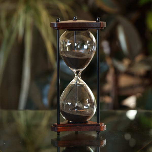 Premium Triangle Wood Hourglass with Black Spindles - White or Black Sand - Decorative Timekeeper for Home Office, Meditation & Gift Giving