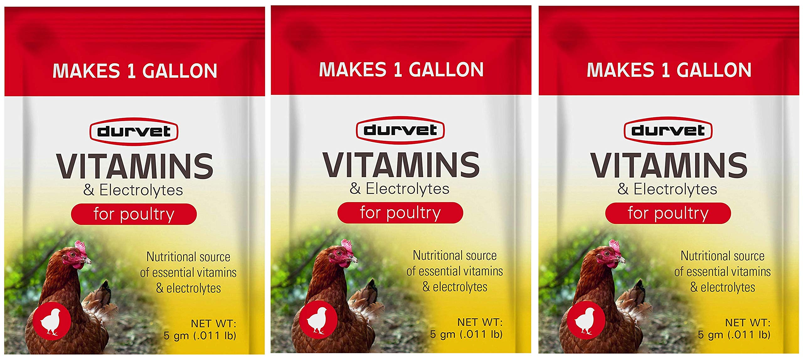 Durvet Poultry Vitamins & Electrolytes Supplement - 3 Pack (5g Each, Makes 3 Gallons Total) for Chicken Health, Hydration & Immune Support - Perfect for Broilers, Layers & Backyard Flocks