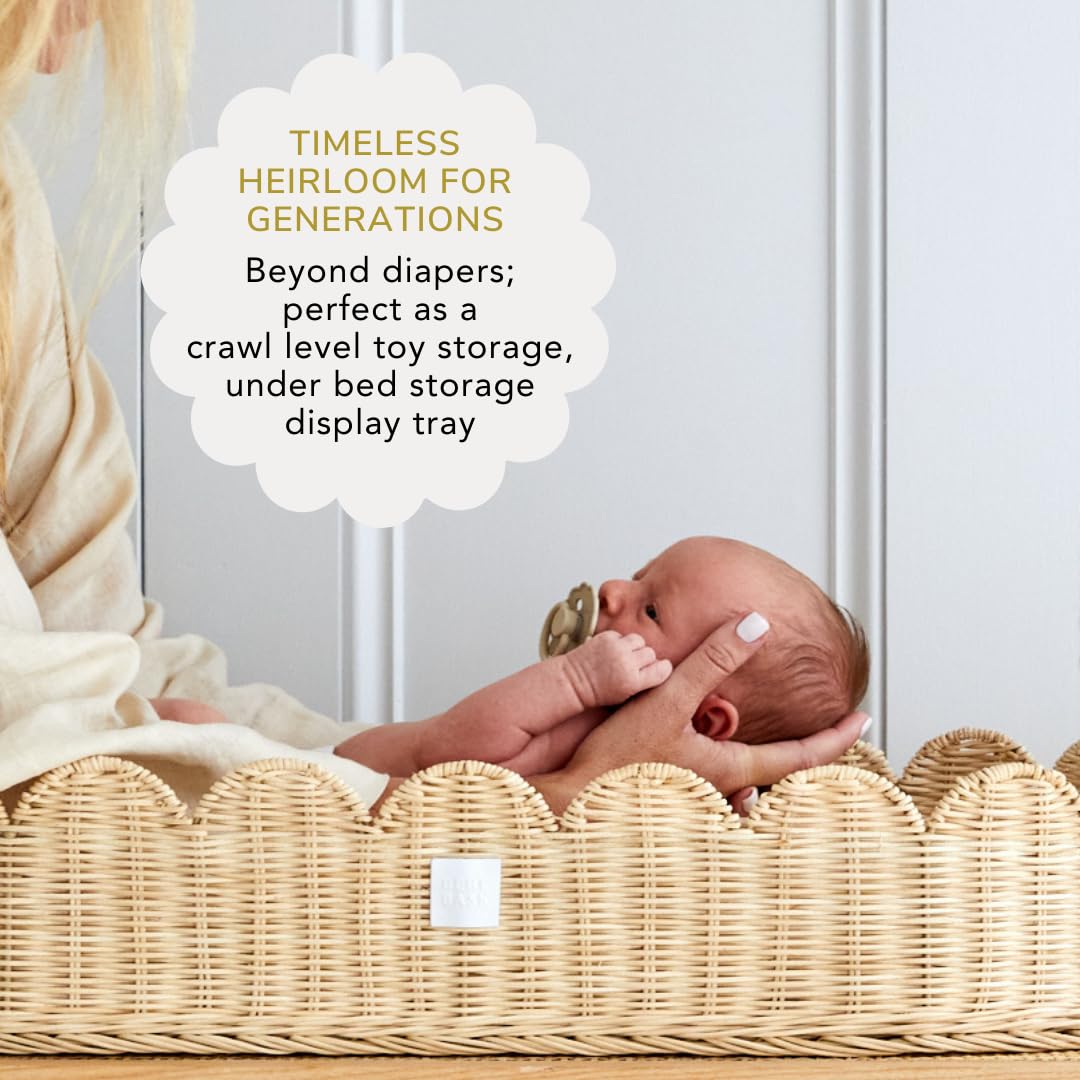 Premium Baby Changing Basket Set - Handwoven Scalloped Rattan Nursery Organizer with Changing Pad & Accessories | Natural Bamboo Diaper Caddy for Nursery, Bedroom & Baby Shower Gift